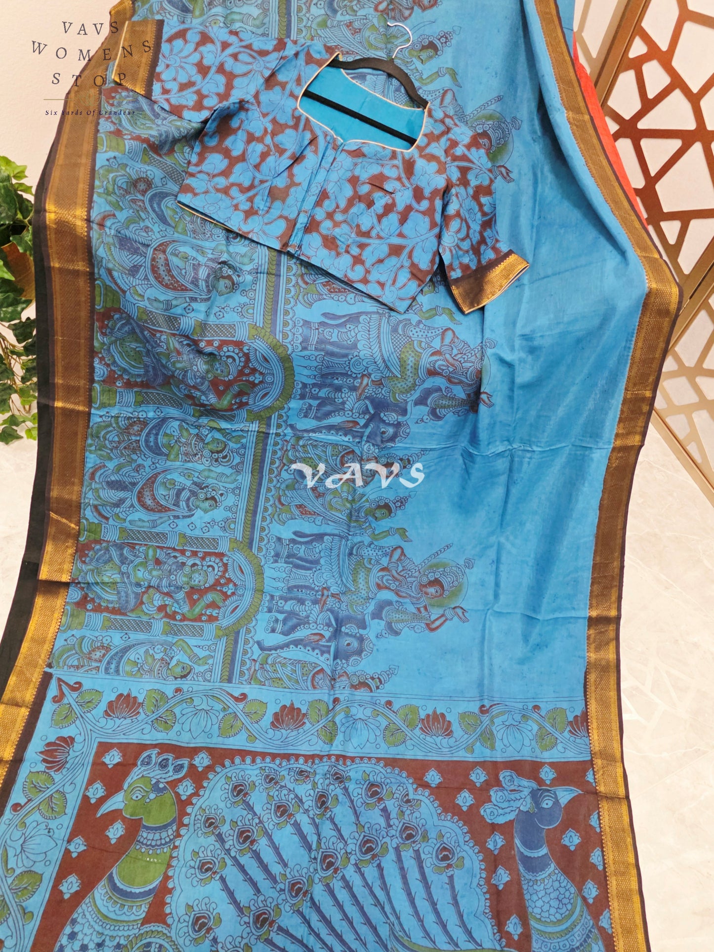 Regal Turquoise Blue Kalamkari Saree with Antique Gold Nizam Border, Peacock Pallu & Stitched Blouse