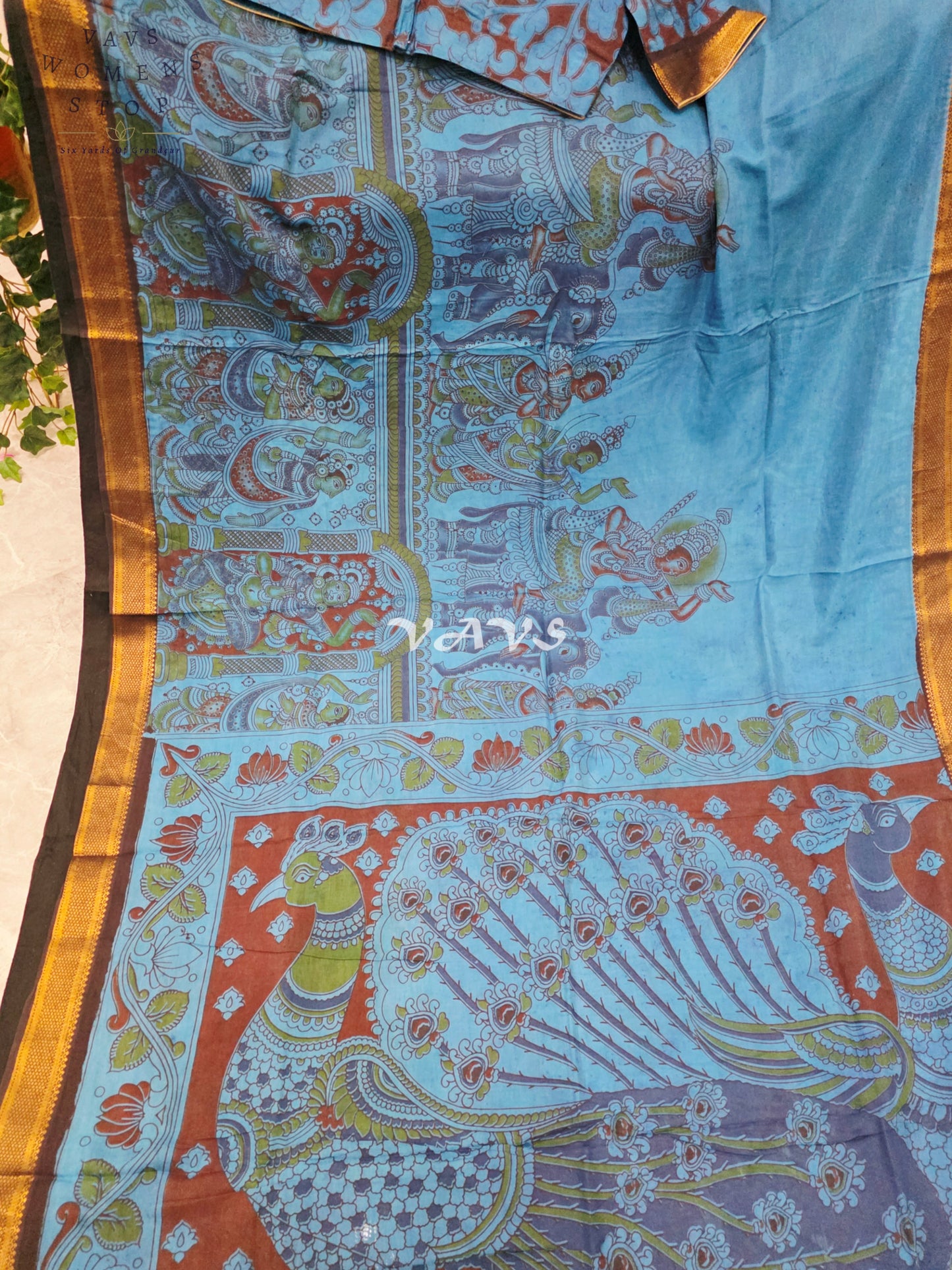 Regal Turquoise Blue Kalamkari Saree with Antique Gold Nizam Border, Peacock Pallu & Stitched Blouse