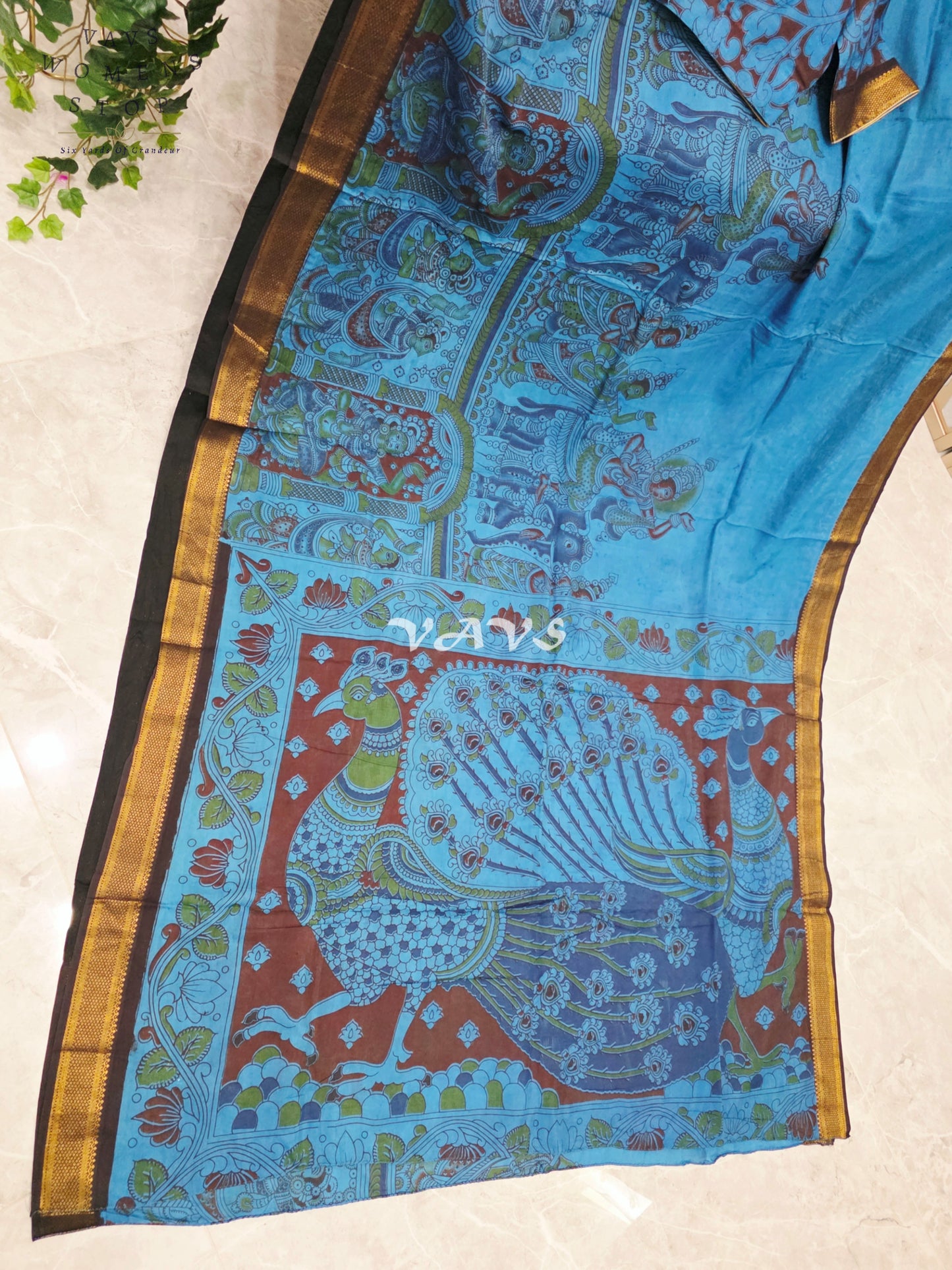 Regal Turquoise Blue Kalamkari Saree with Antique Gold Nizam Border, Peacock Pallu & Stitched Blouse