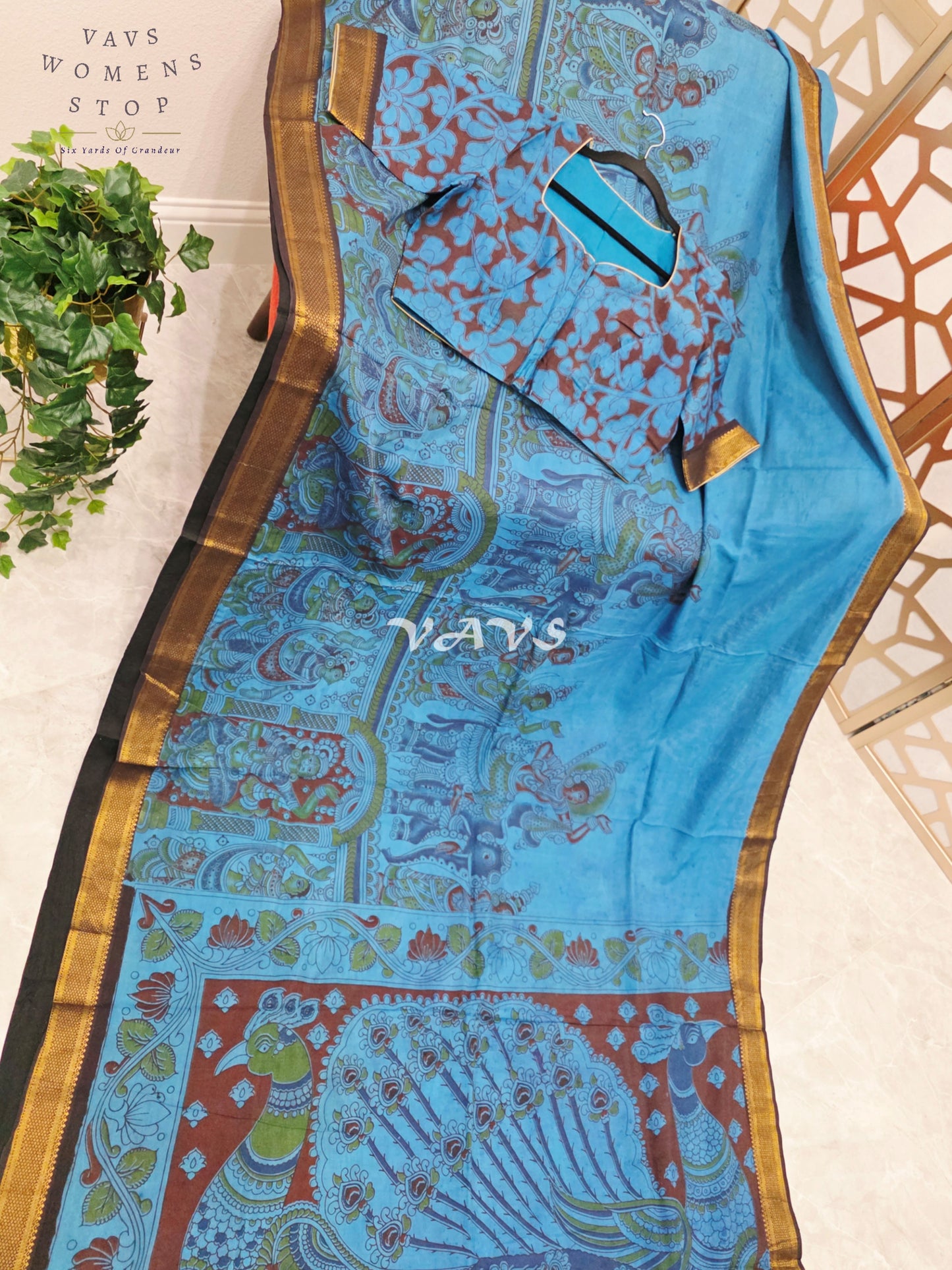 Regal Turquoise Blue Kalamkari Saree with Antique Gold Nizam Border, Peacock Pallu & Stitched Blouse