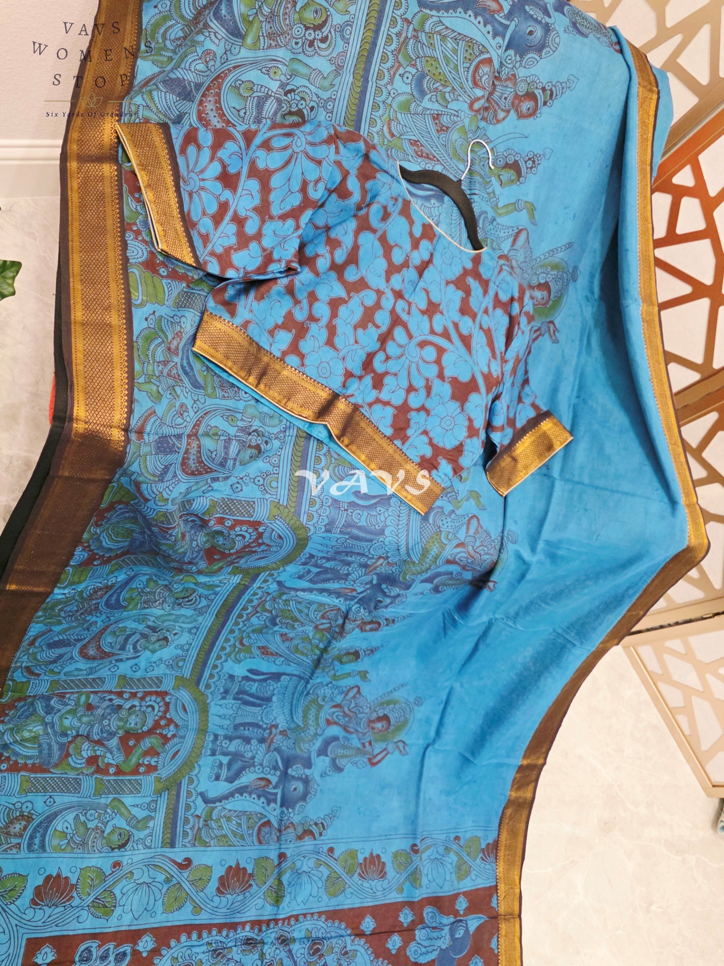 Regal Turquoise Blue Kalamkari Saree with Antique Gold Nizam Border, Peacock Pallu & Stitched Blouse