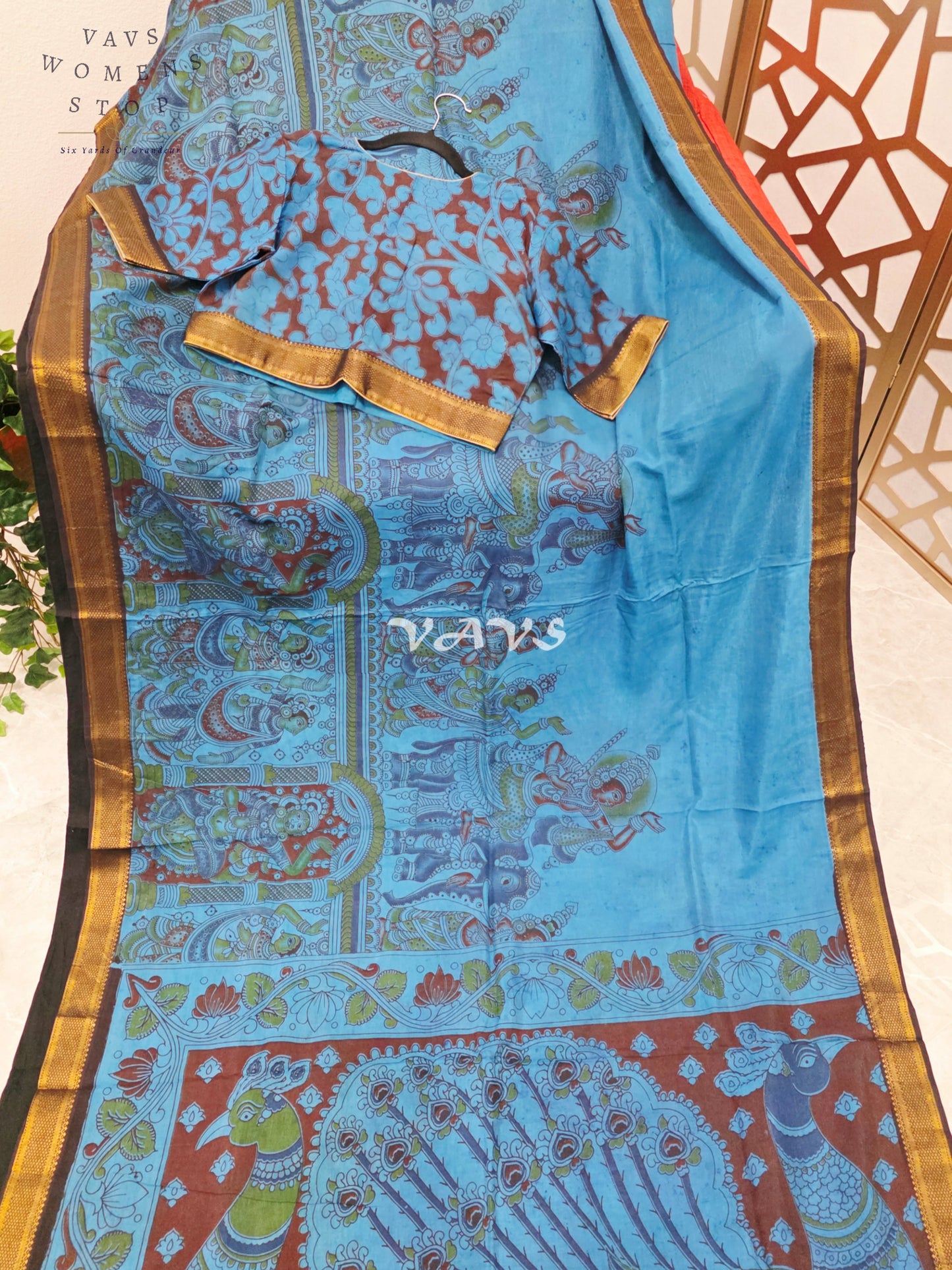 Regal Turquoise Blue Kalamkari Saree with Antique Gold Nizam Border, Peacock Pallu & Stitched Blouse