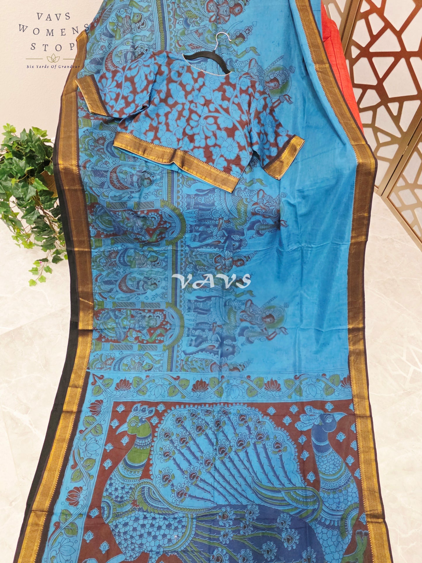 Regal Turquoise Blue Kalamkari Saree with Antique Gold Nizam Border, Peacock Pallu & Stitched Blouse