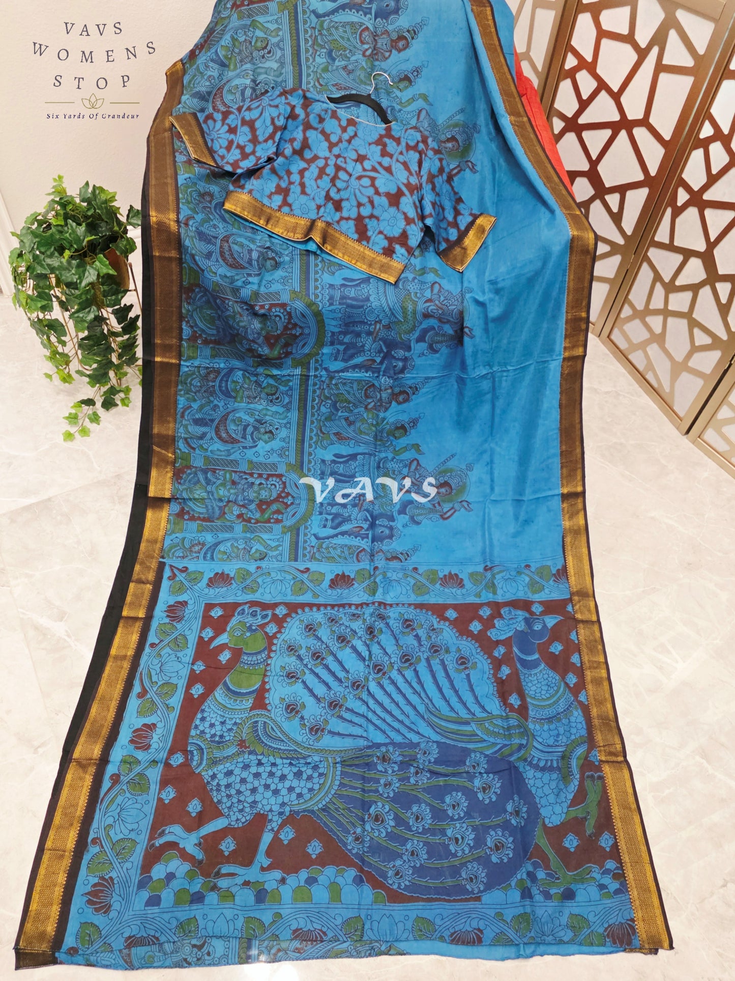 Regal Turquoise Blue Kalamkari Saree with Antique Gold Nizam Border, Peacock Pallu & Stitched Blouse