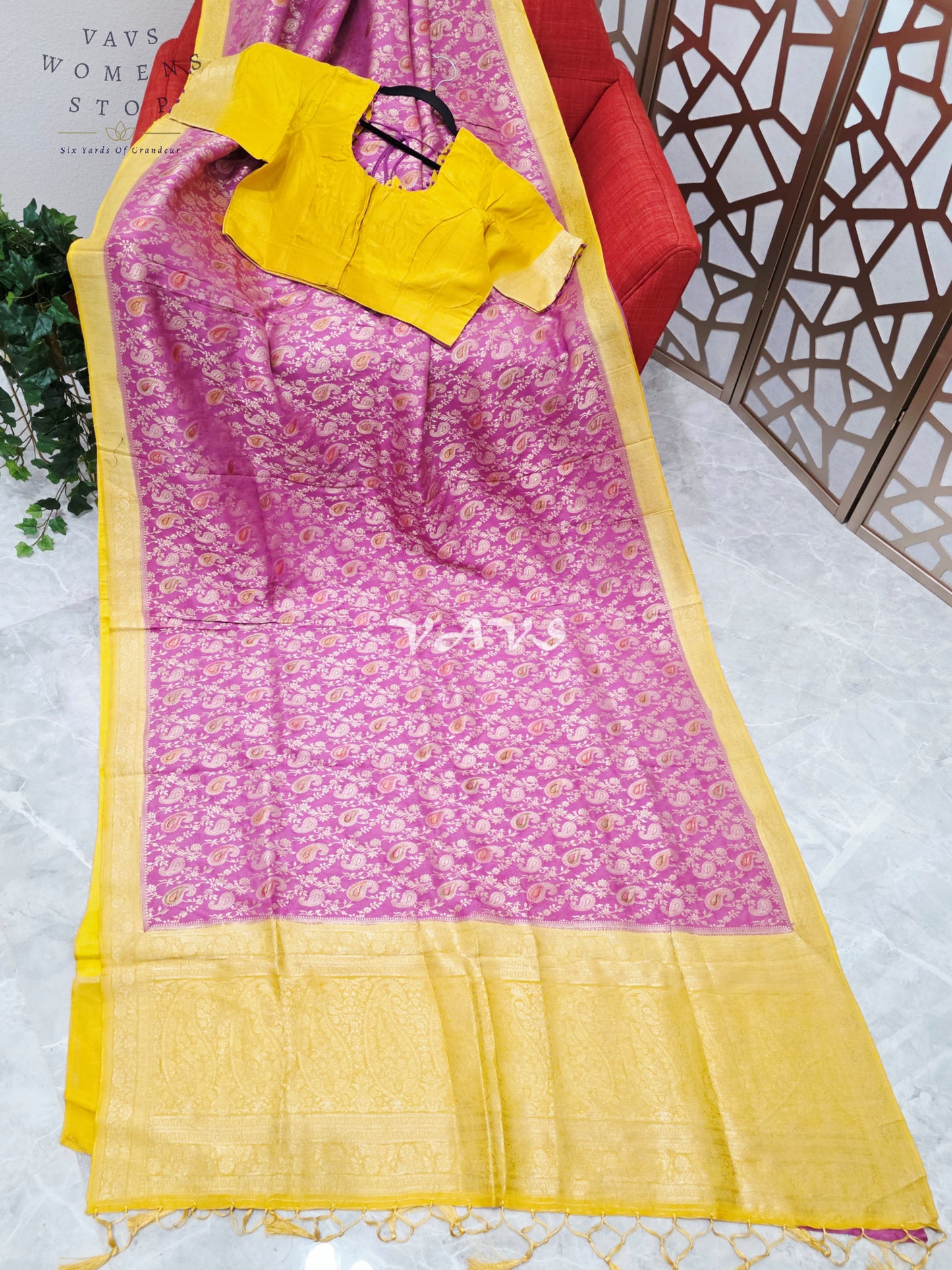 Regal Orchid Rose & Marigold Gold Munga Crepe Silk Saree with Paisley Weave & Stitched Blouse