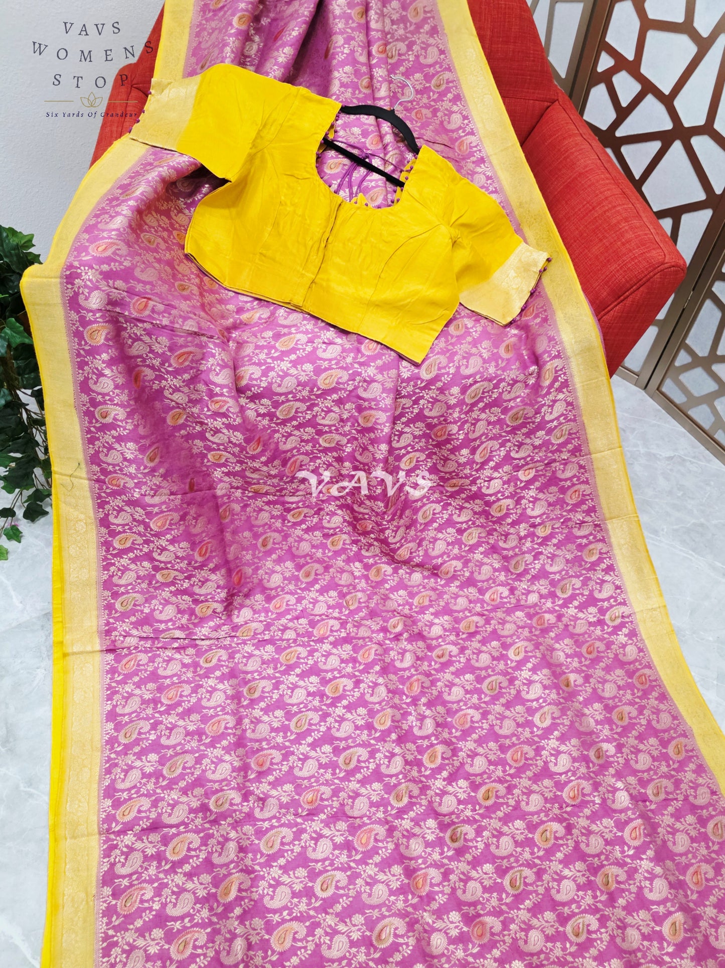 Regal Orchid Rose & Marigold Gold Munga Crepe Silk Saree with Paisley Weave & Stitched Blouse