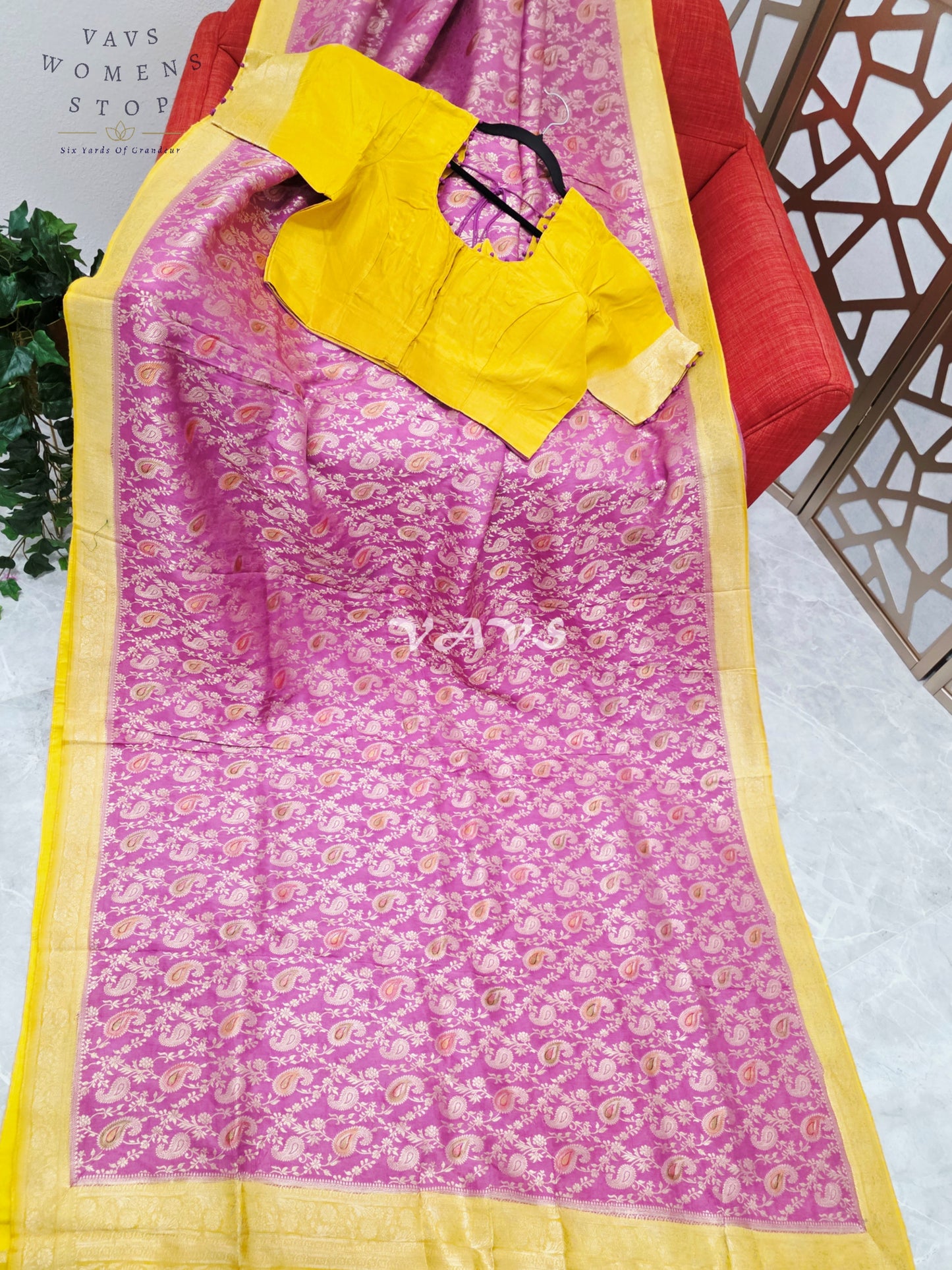 Regal Orchid Rose & Marigold Gold Munga Crepe Silk Saree with Paisley Weave & Stitched Blouse