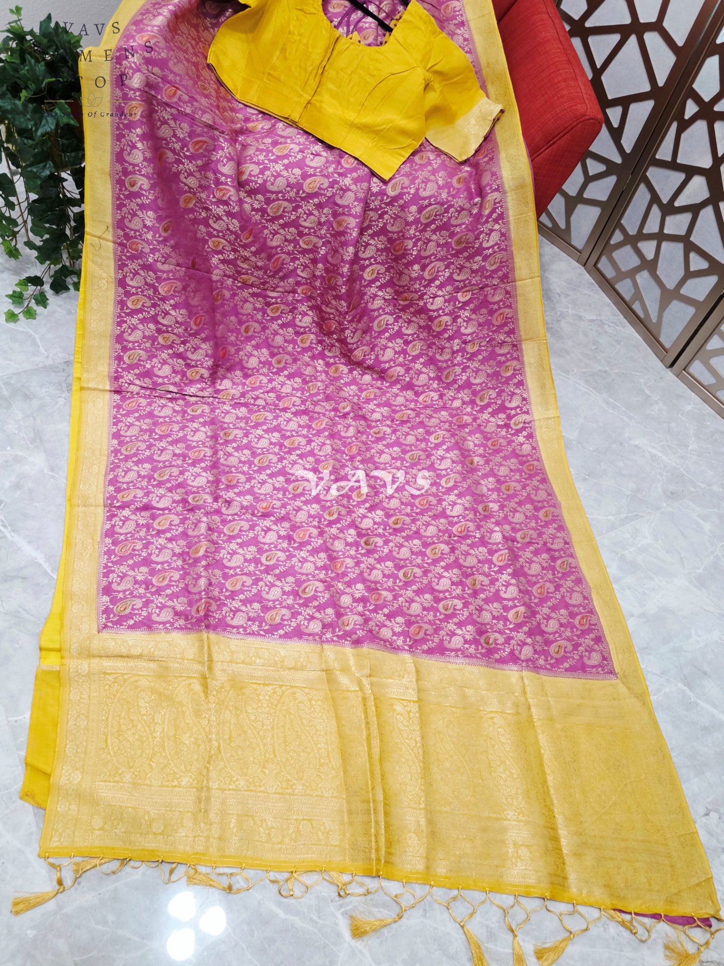 Regal Orchid Rose & Marigold Gold Munga Crepe Silk Saree with Paisley Weave & Stitched Blouse