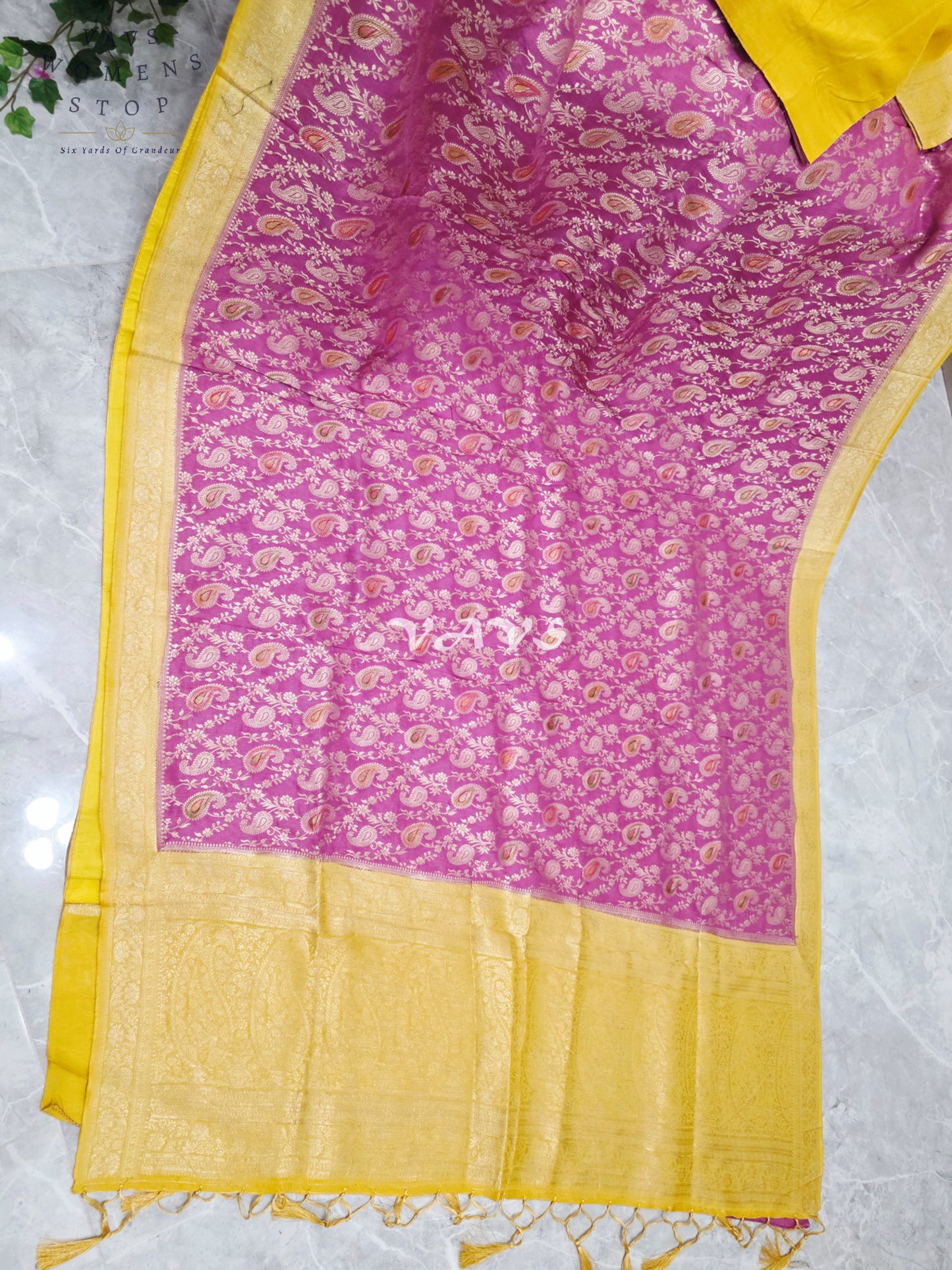 Regal Orchid Rose & Marigold Gold Munga Crepe Silk Saree with Paisley Weave & Stitched Blouse
