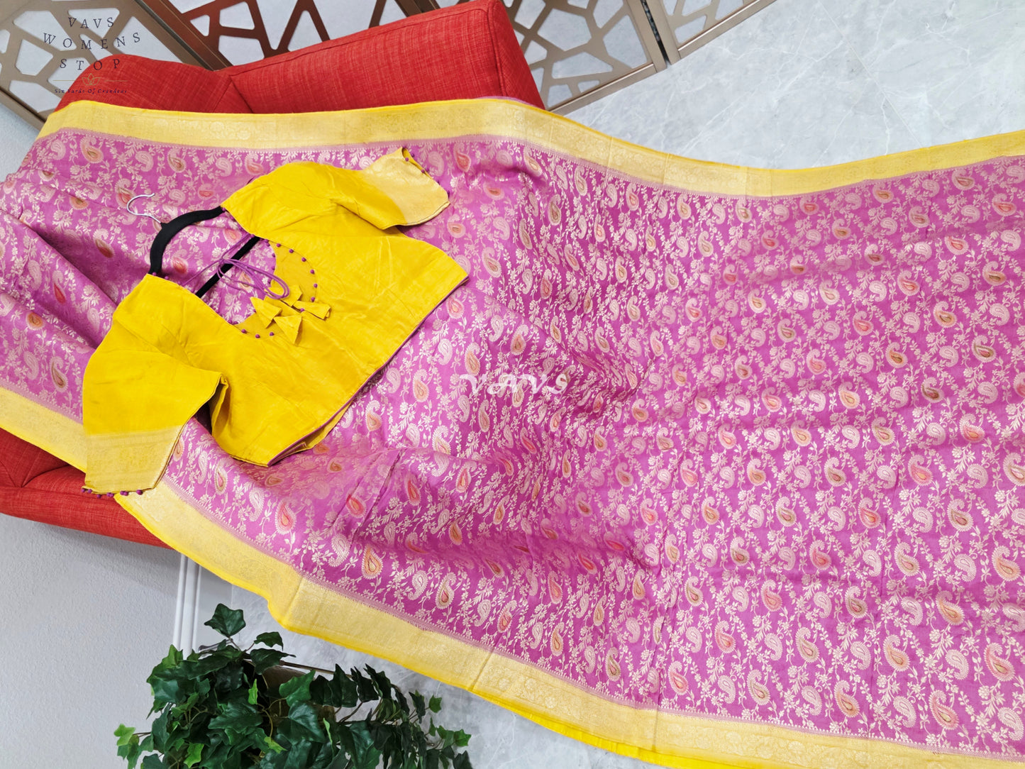 Regal Orchid Rose & Marigold Gold Munga Crepe Silk Saree with Paisley Weave & Stitched Blouse