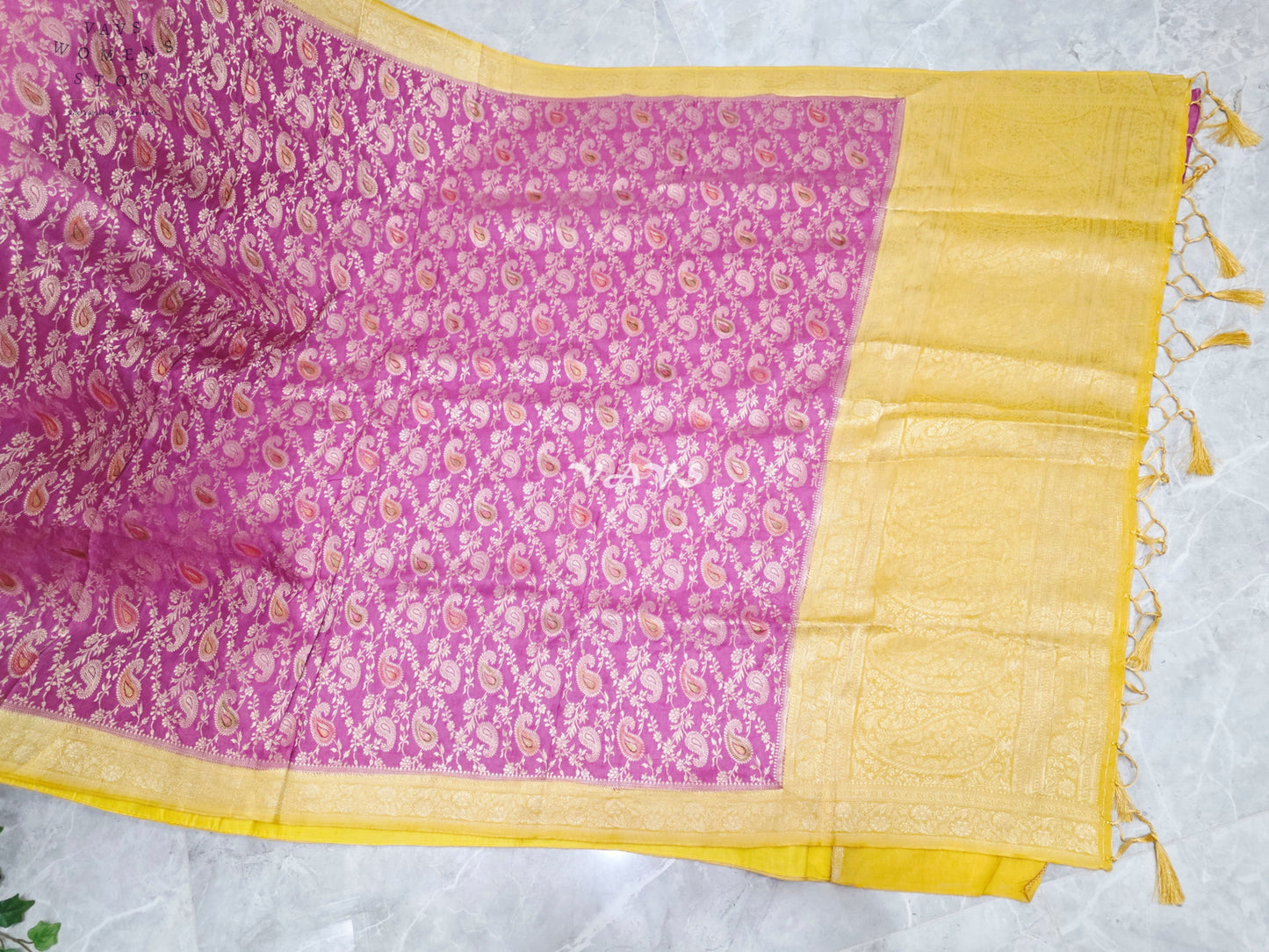 Regal Orchid Rose & Marigold Gold Munga Crepe Silk Saree with Paisley Weave & Stitched Blouse