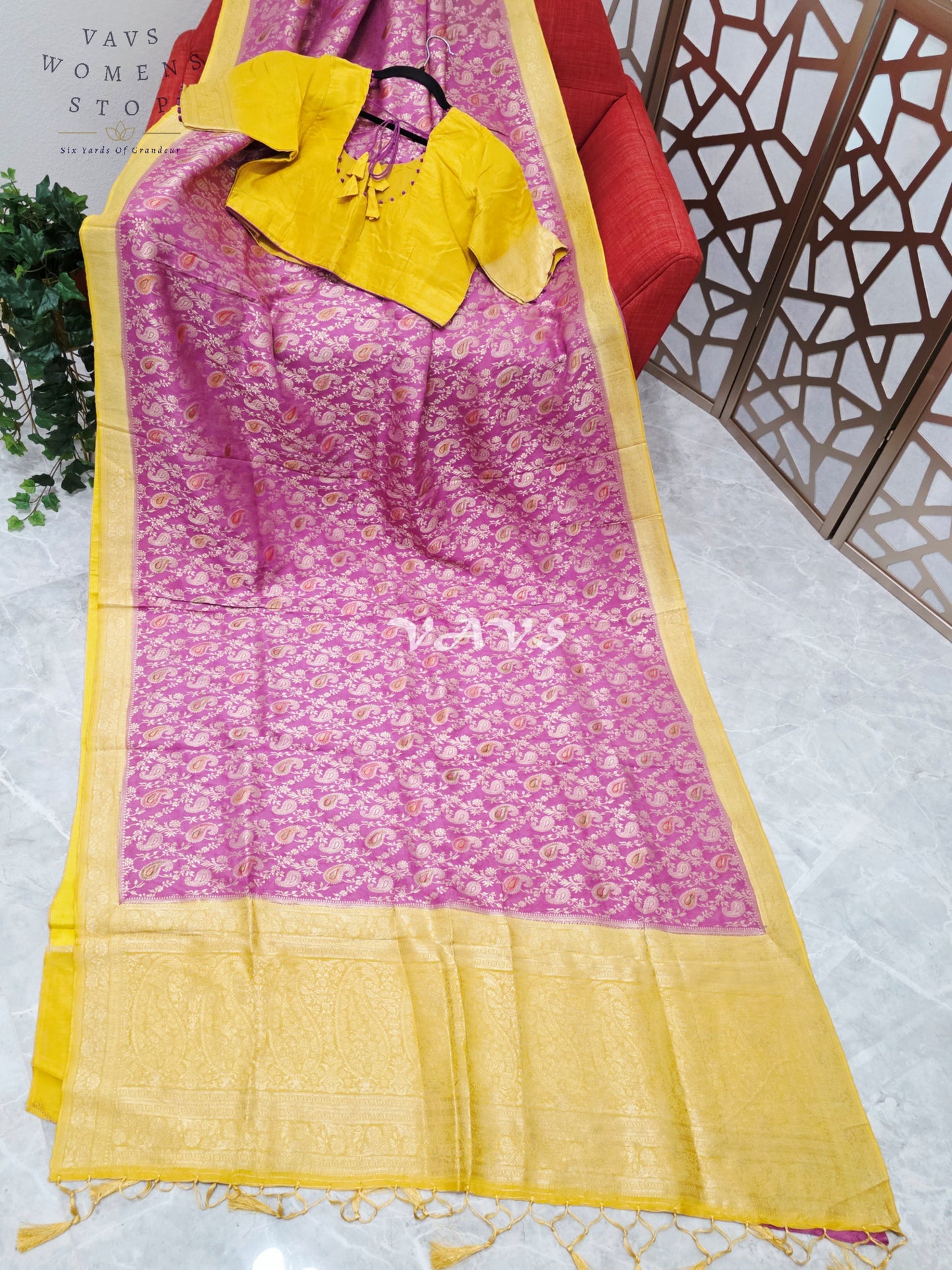 Regal Orchid Rose & Marigold Gold Munga Crepe Silk Saree with Paisley Weave & Stitched Blouse