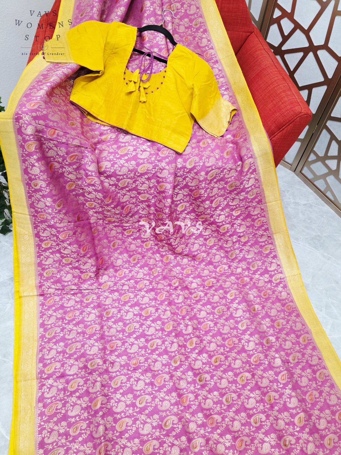 Regal Orchid Rose & Marigold Gold Munga Crepe Silk Saree with Paisley Weave & Stitched Blouse