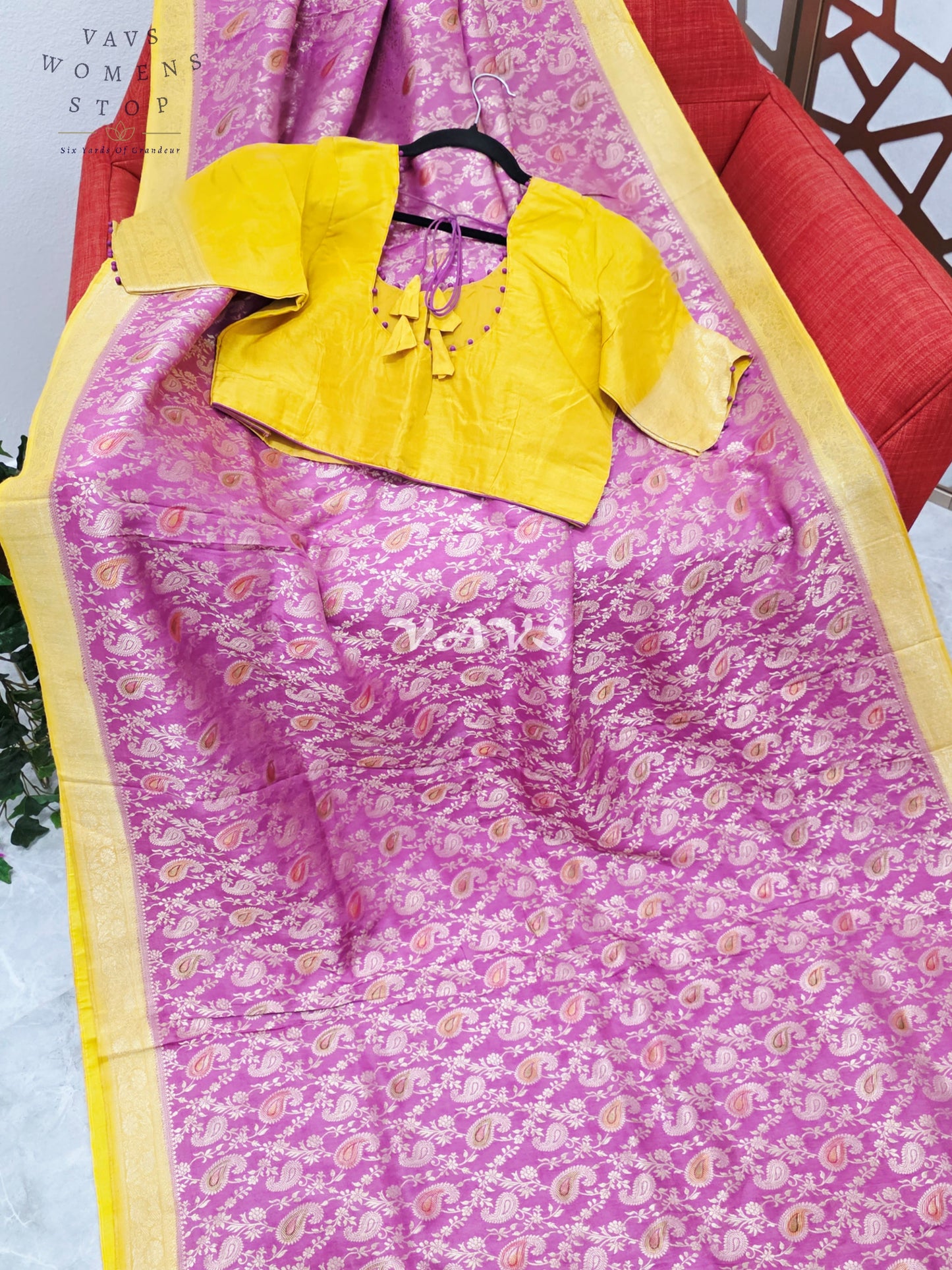 Regal Orchid Rose & Marigold Gold Munga Crepe Silk Saree with Paisley Weave & Stitched Blouse