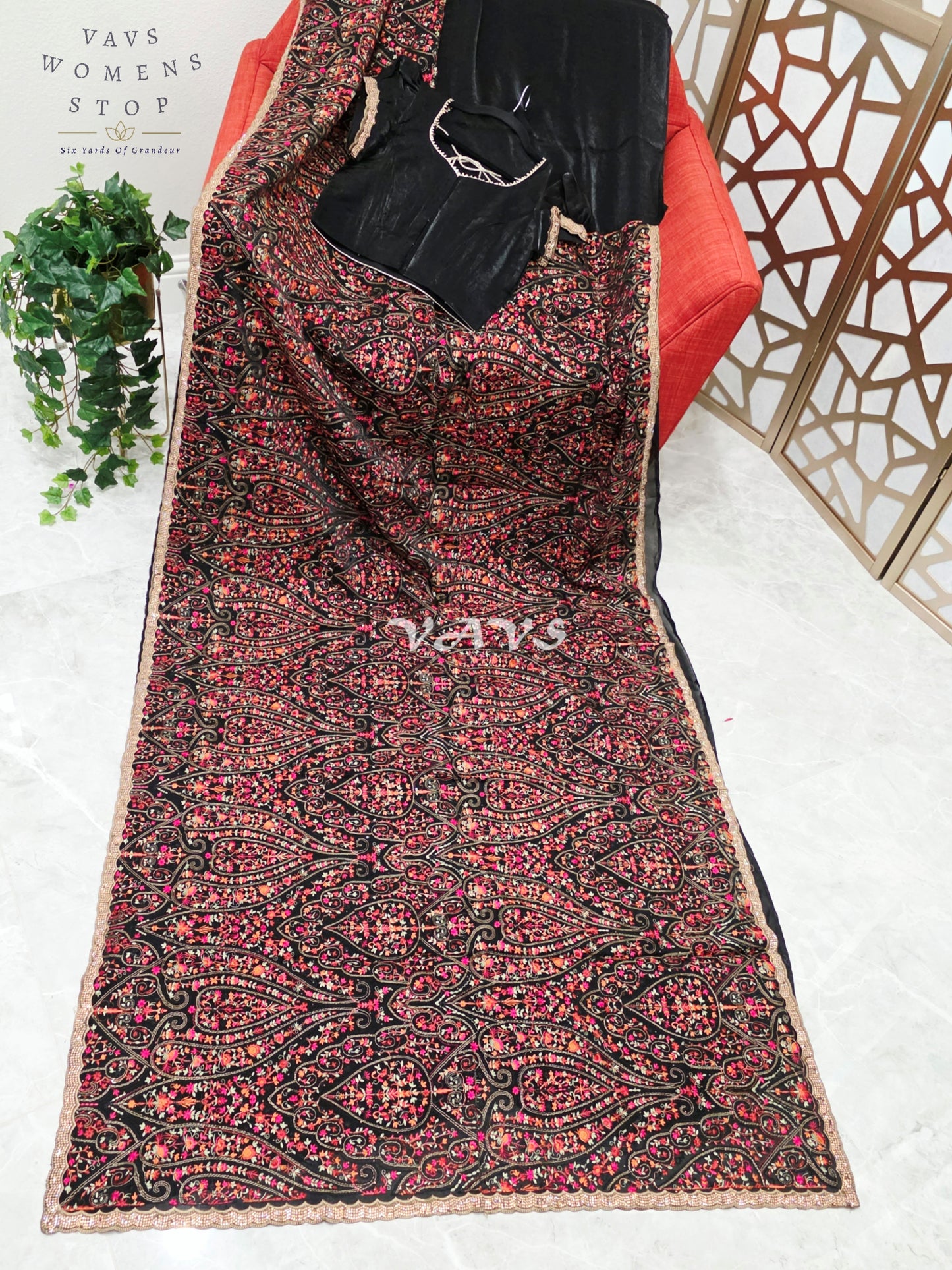 Regal Midnight Black Space Silk Saree with Jewel-Tone Paisley Embroidery, Mukaish Stone Border & Puff-Sleeve Blouse