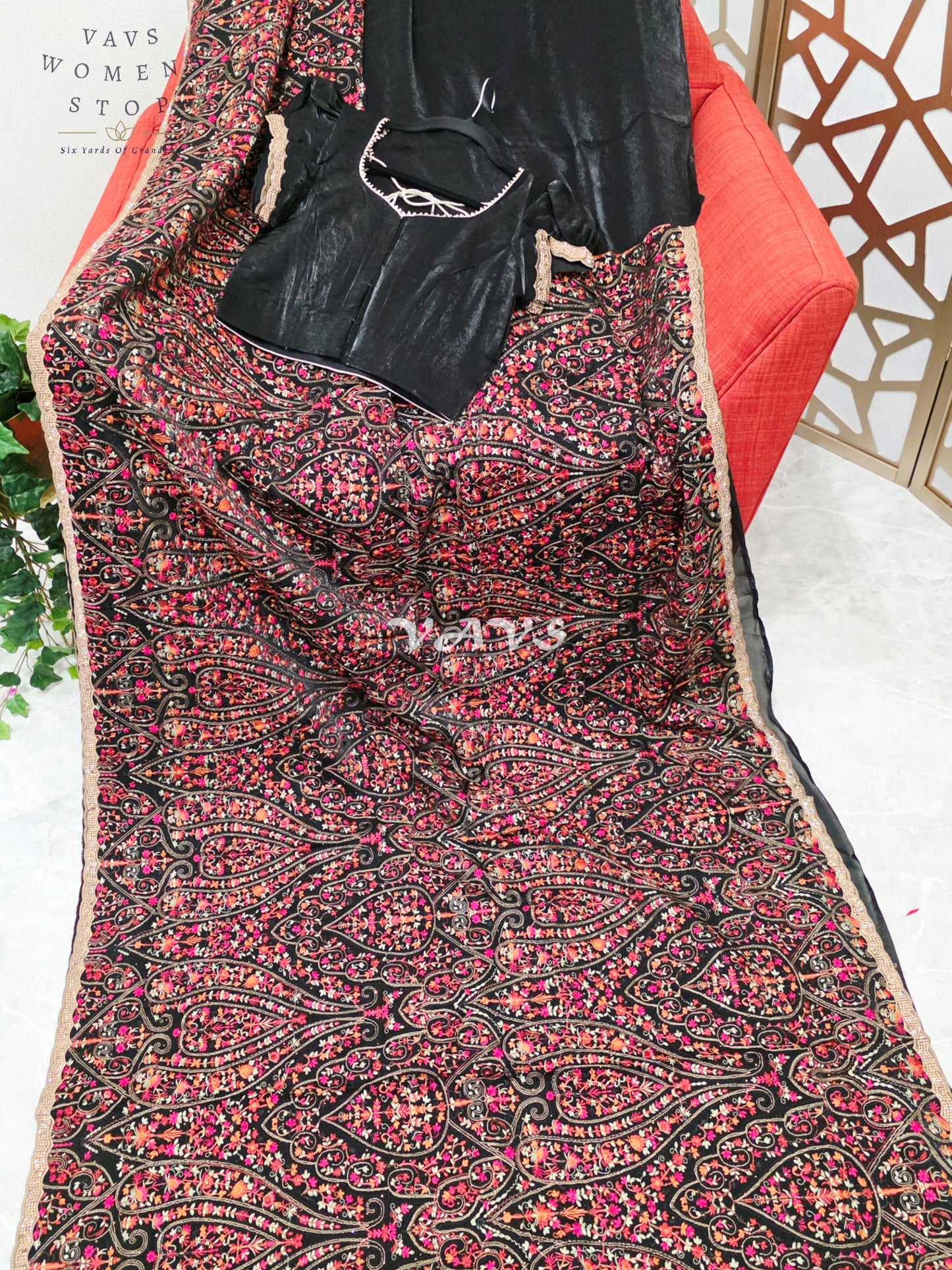 Regal Midnight Black Space Silk Saree with Jewel-Tone Paisley Embroidery, Mukaish Stone Border & Puff-Sleeve Blouse