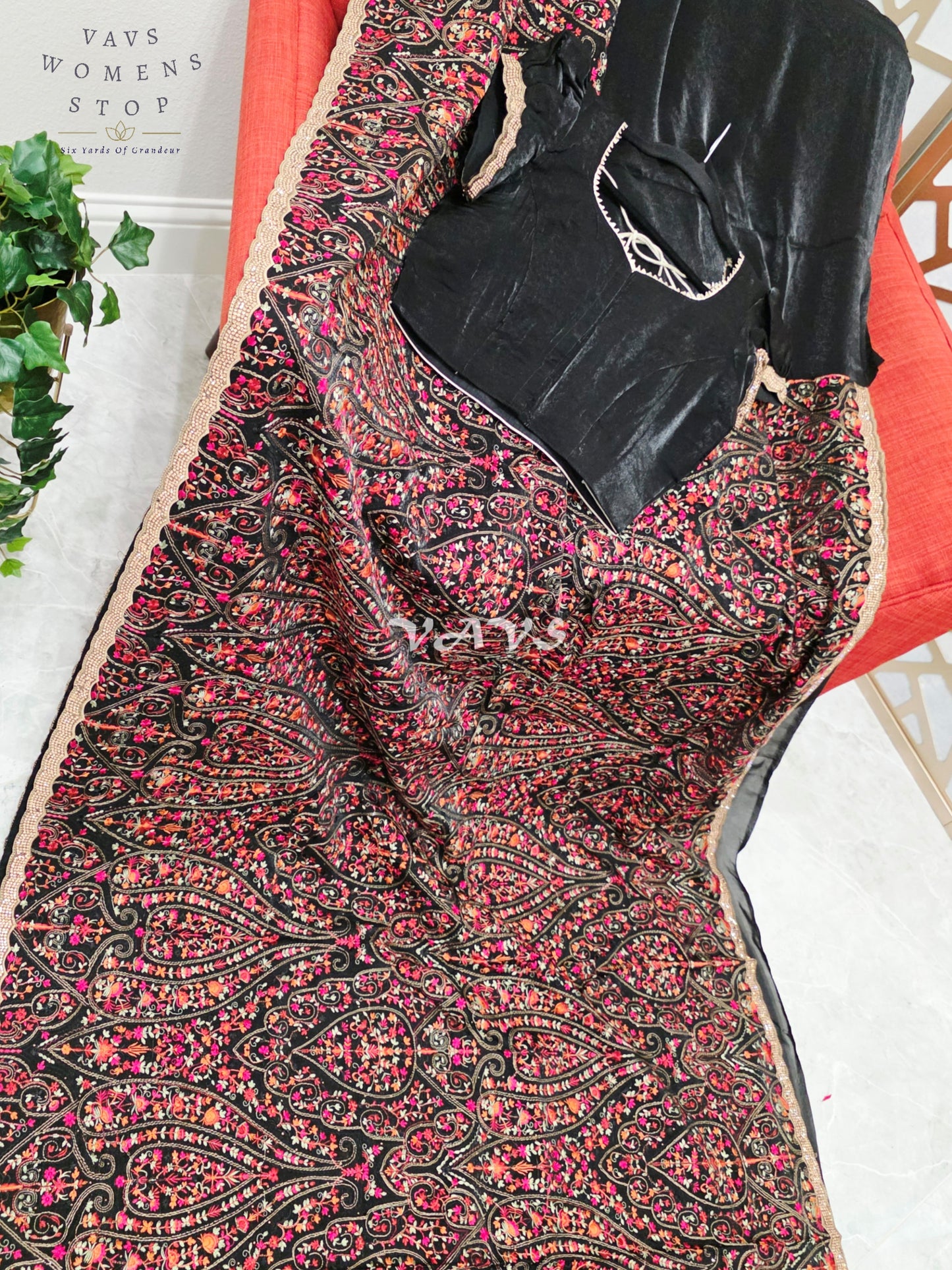 Regal Midnight Black Space Silk Saree with Jewel-Tone Paisley Embroidery, Mukaish Stone Border & Puff-Sleeve Blouse