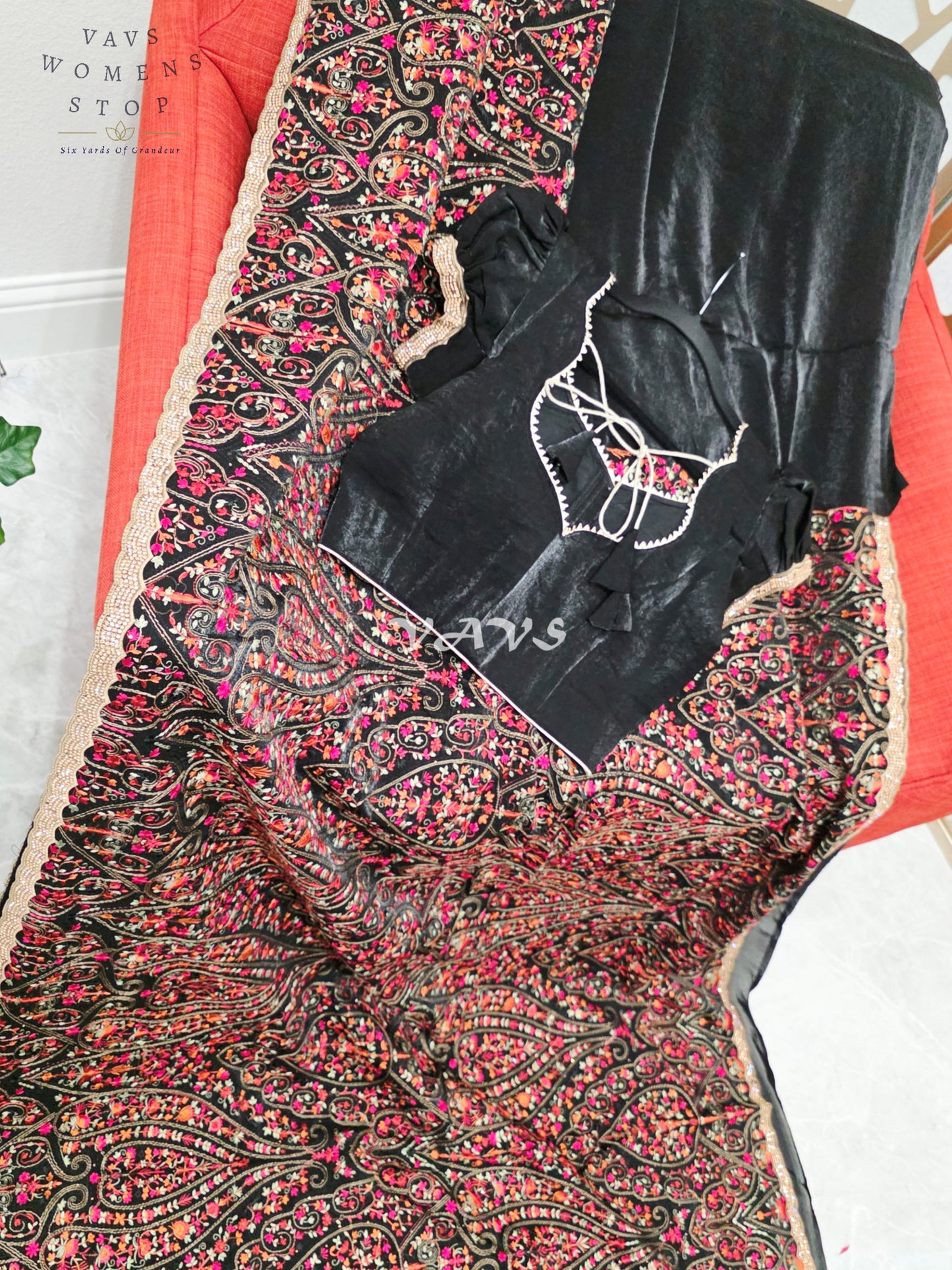 Regal Midnight Black Space Silk Saree with Jewel-Tone Paisley Embroidery, Mukaish Stone Border & Puff-Sleeve Blouse