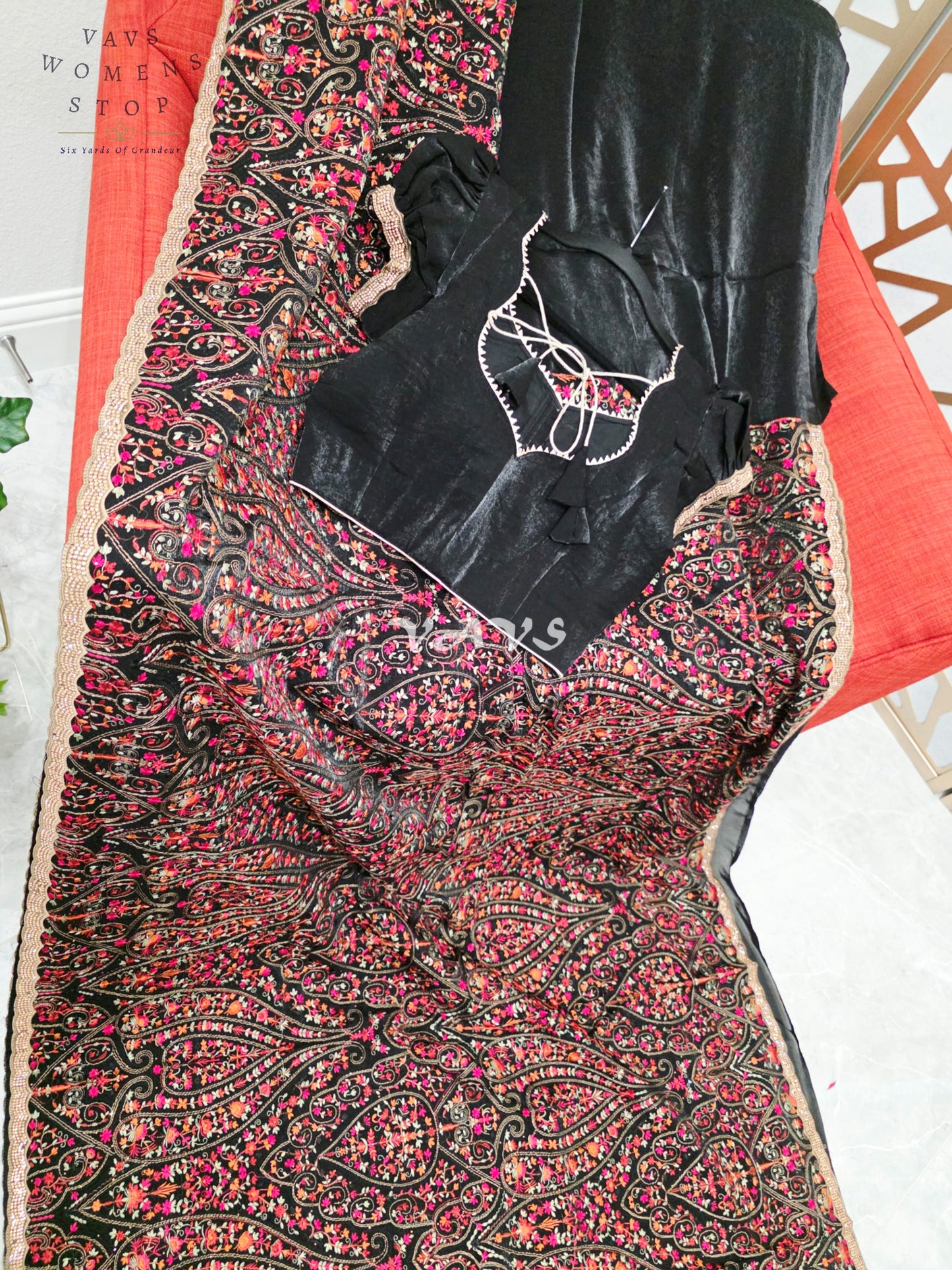 Regal Midnight Black Space Silk Saree with Jewel-Tone Paisley Embroidery, Mukaish Stone Border & Puff-Sleeve Blouse