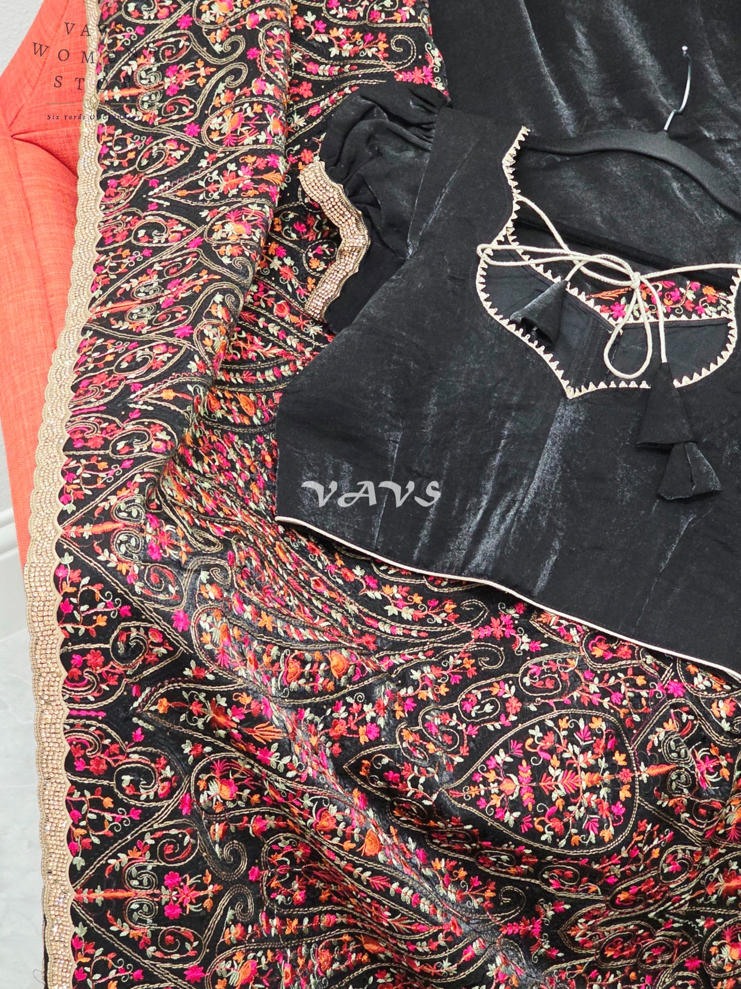 Regal Midnight Black Space Silk Saree with Jewel-Tone Paisley Embroidery, Mukaish Stone Border & Puff-Sleeve Blouse