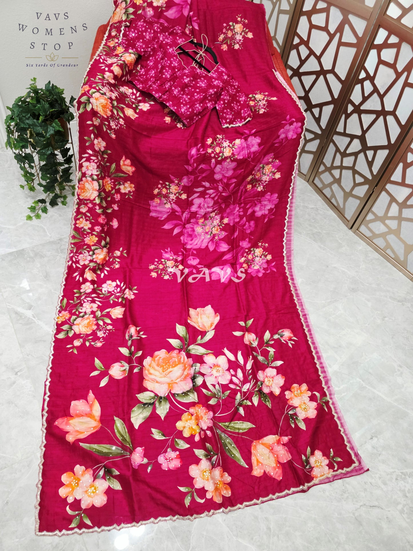 Regal Raspberry Wine Floral Russian Crepe Silk Saree with Champagne Sequin Border & Stitched Blouse