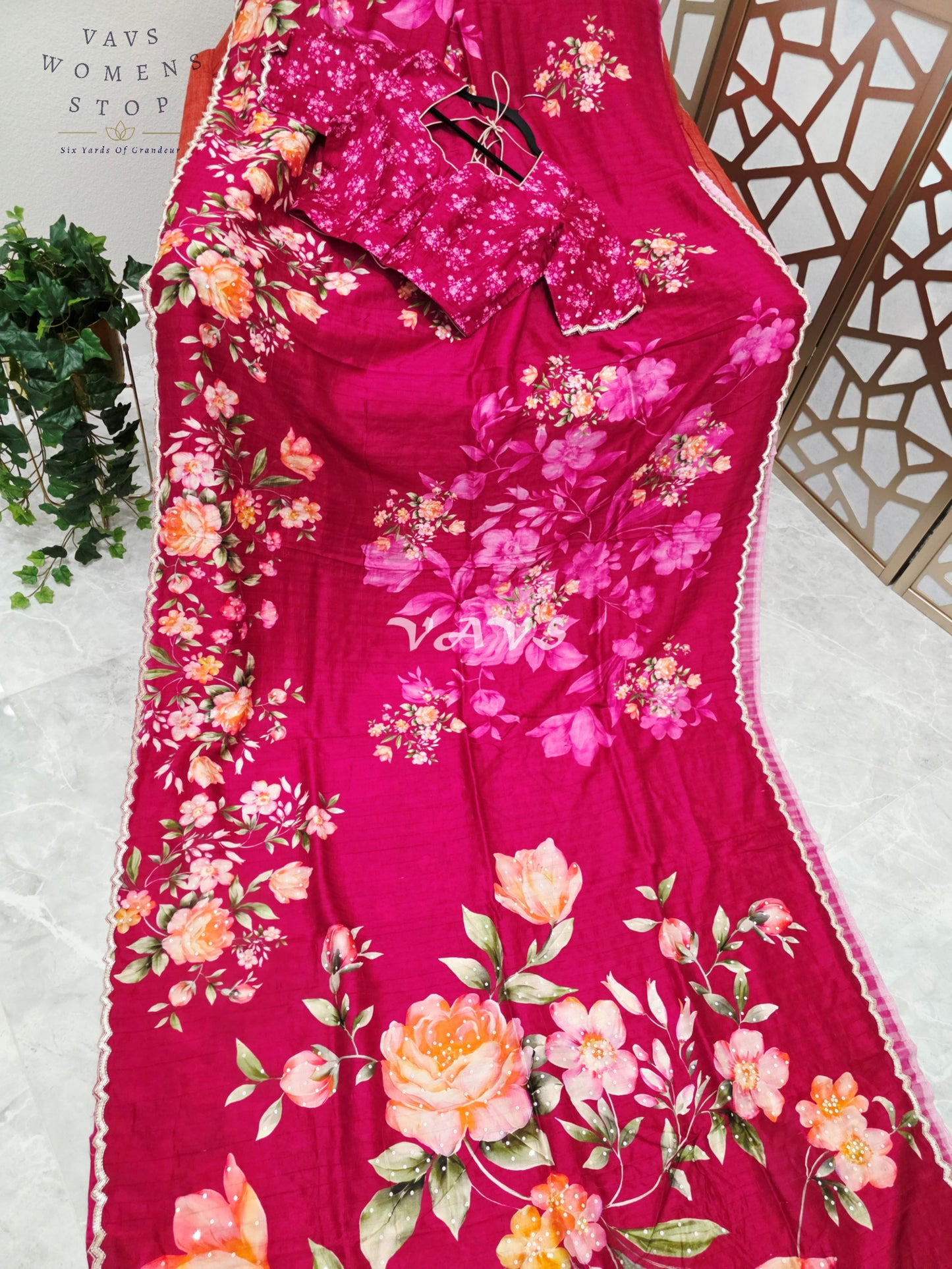 Regal Raspberry Wine Floral Russian Crepe Silk Saree with Champagne Sequin Border & Stitched Blouse