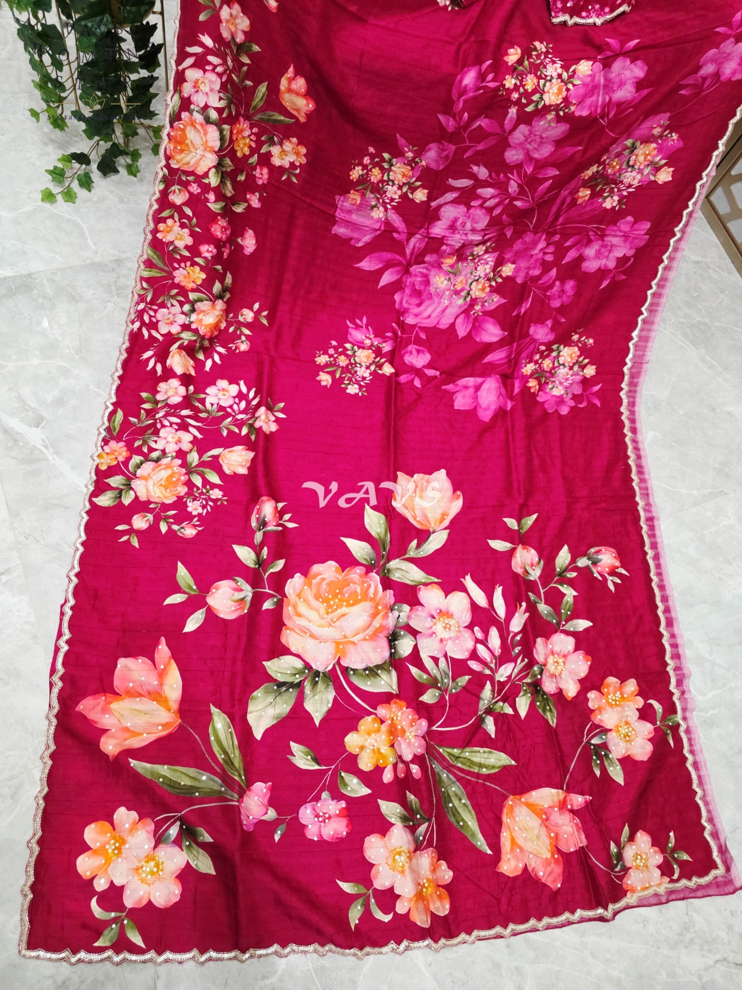 Regal Raspberry Wine Floral Russian Crepe Silk Saree with Champagne Sequin Border & Stitched Blouse