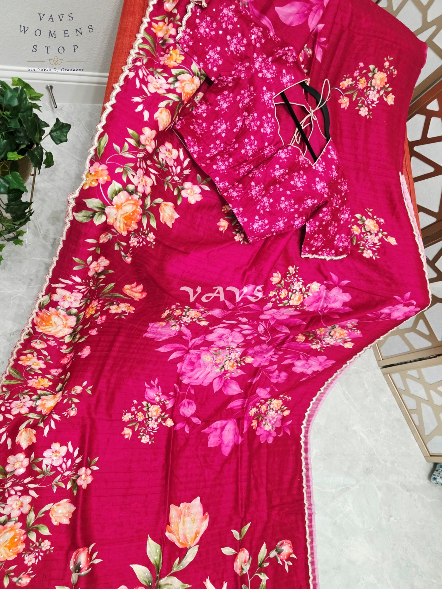 Regal Raspberry Wine Floral Russian Crepe Silk Saree with Champagne Sequin Border & Stitched Blouse