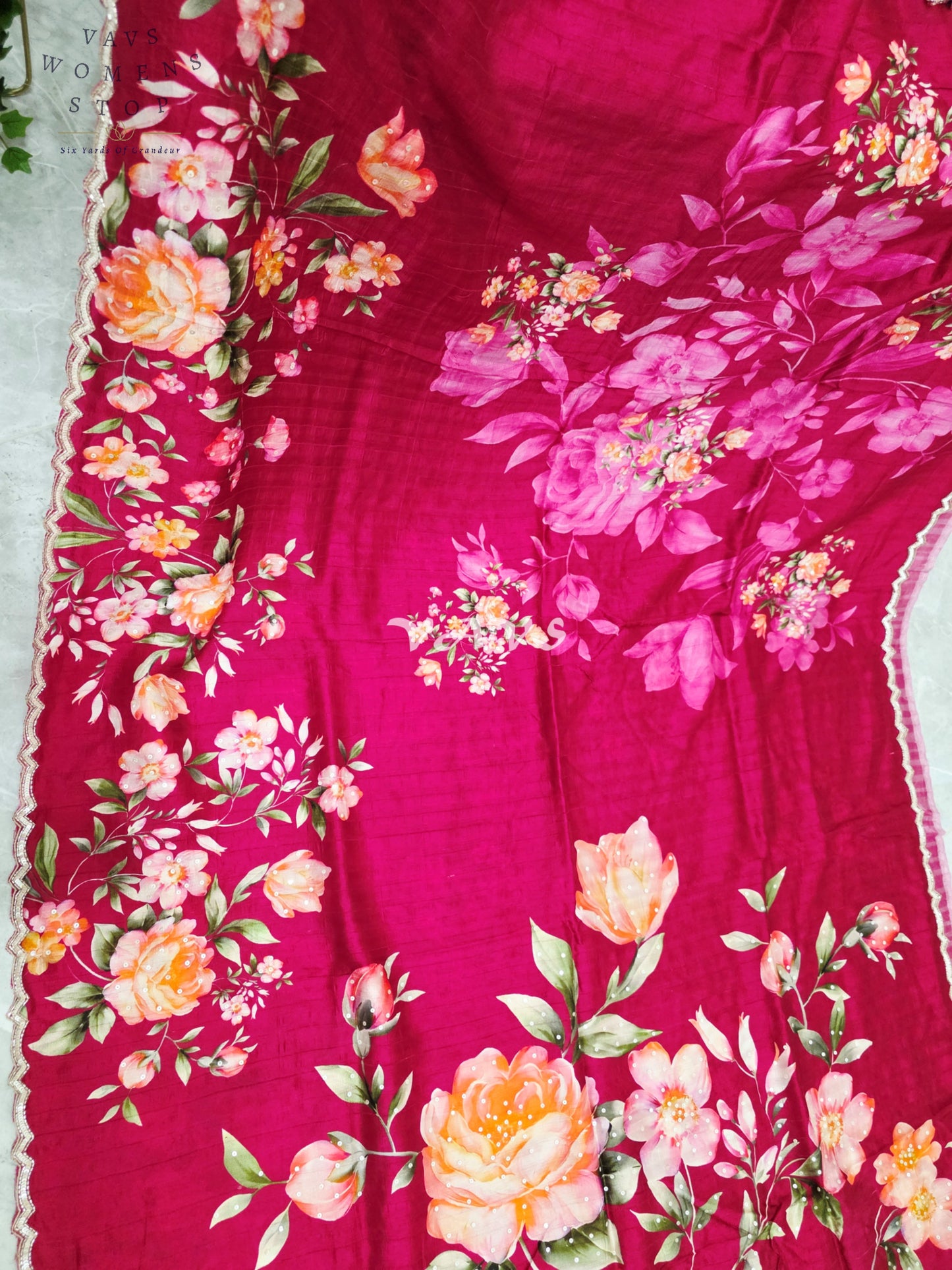 Regal Raspberry Wine Floral Russian Crepe Silk Saree with Champagne Sequin Border & Stitched Blouse