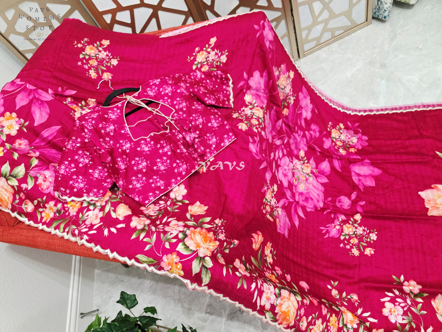 Regal Raspberry Wine Floral Russian Crepe Silk Saree with Champagne Sequin Border & Stitched Blouse