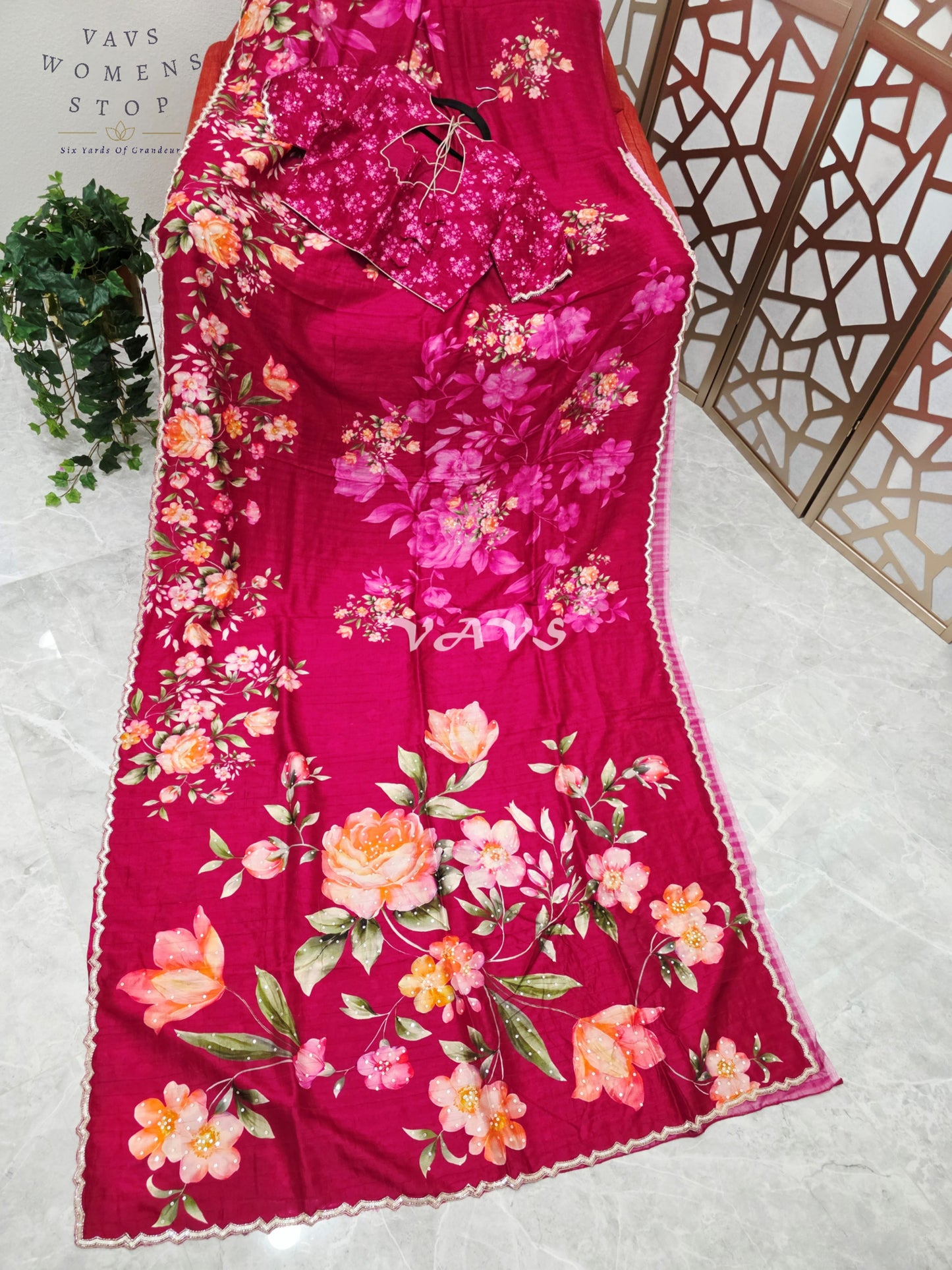 Regal Raspberry Wine Floral Russian Crepe Silk Saree with Champagne Sequin Border & Stitched Blouse