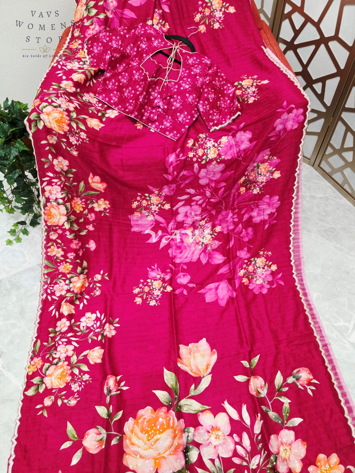 Regal Raspberry Wine Floral Russian Crepe Silk Saree with Champagne Sequin Border & Stitched Blouse