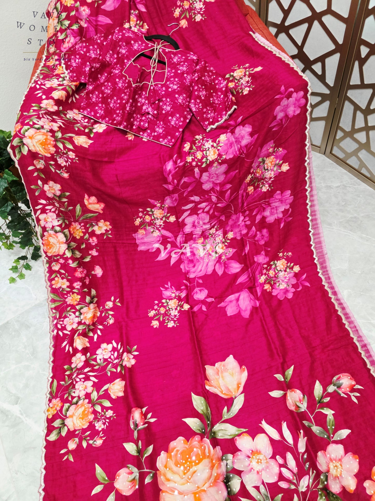 Regal Raspberry Wine Floral Russian Crepe Silk Saree with Champagne Sequin Border & Stitched Blouse