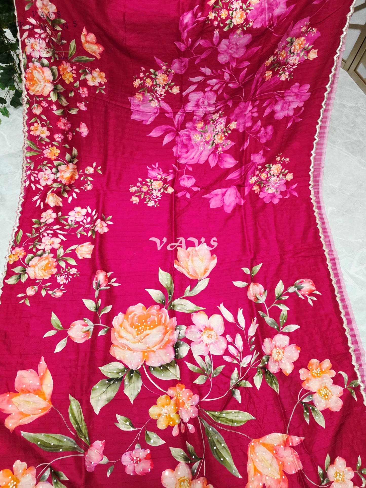Regal Raspberry Wine Floral Russian Crepe Silk Saree with Champagne Sequin Border & Stitched Blouse