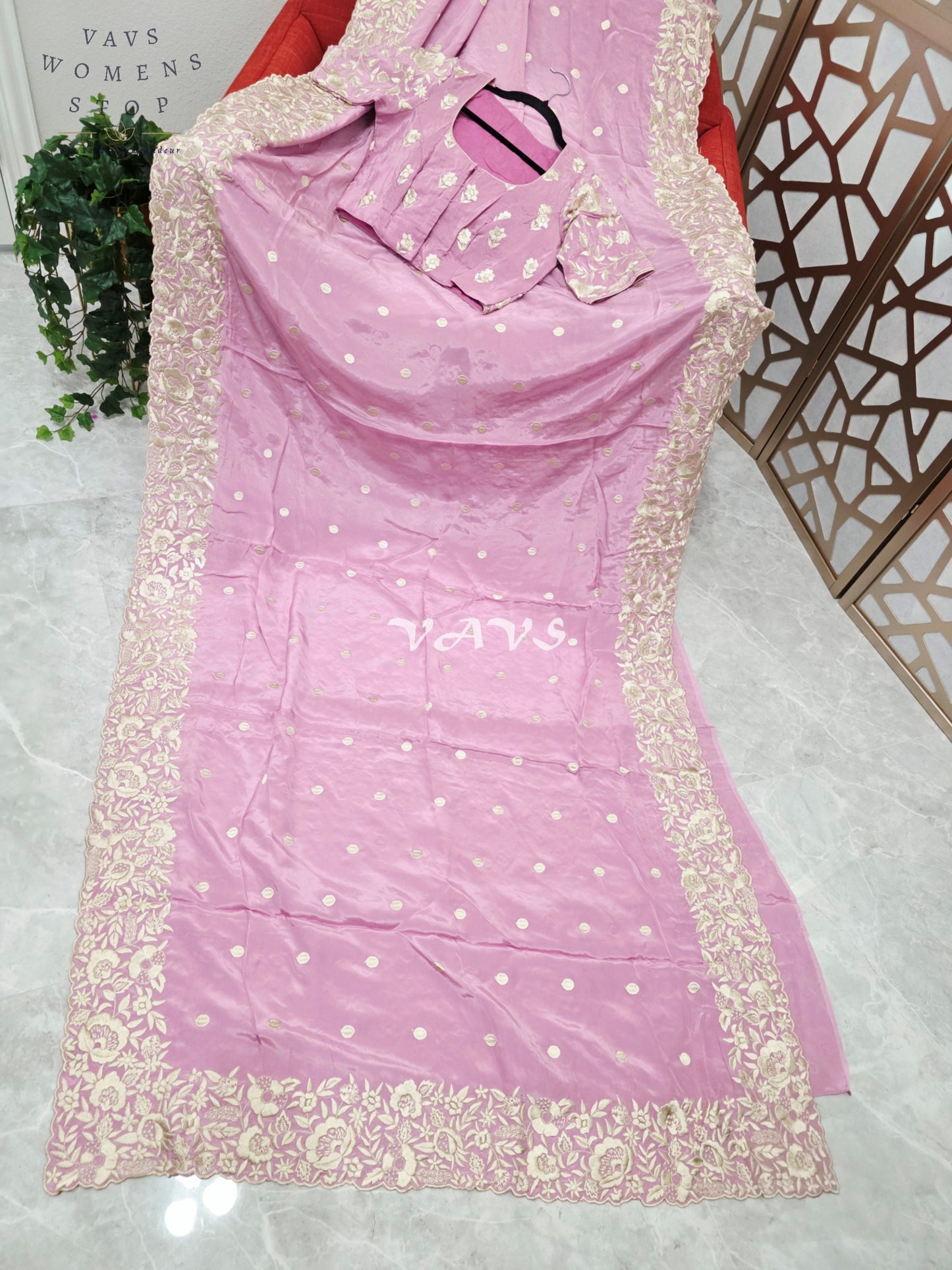 Regal Dusty Lilac Rose Pure Crepe Saree with Ivory Parsi Gara Embroidery & Stitched Blouse