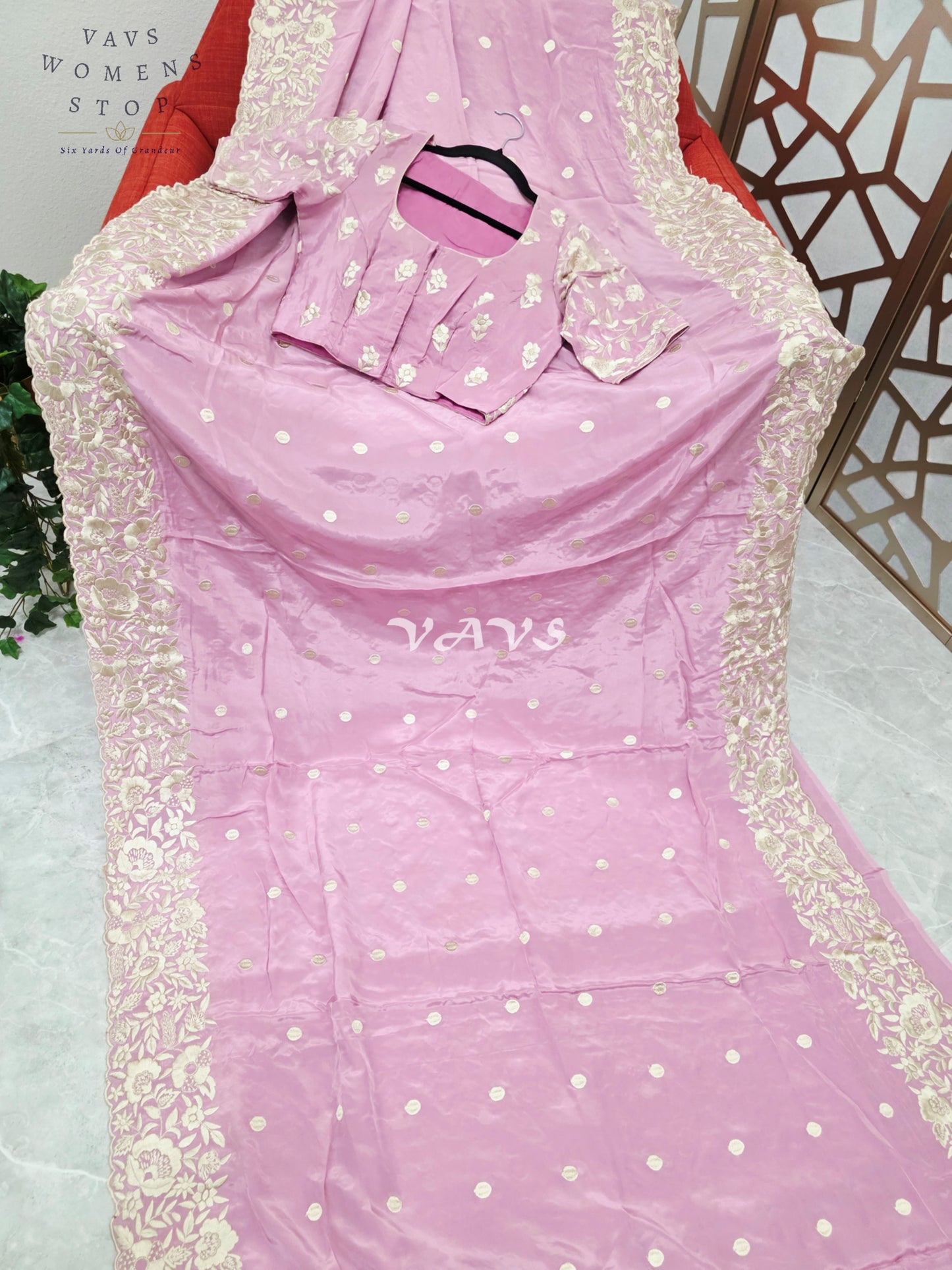 Regal Dusty Lilac Rose Pure Crepe Saree with Ivory Parsi Gara Embroidery & Stitched Blouse
