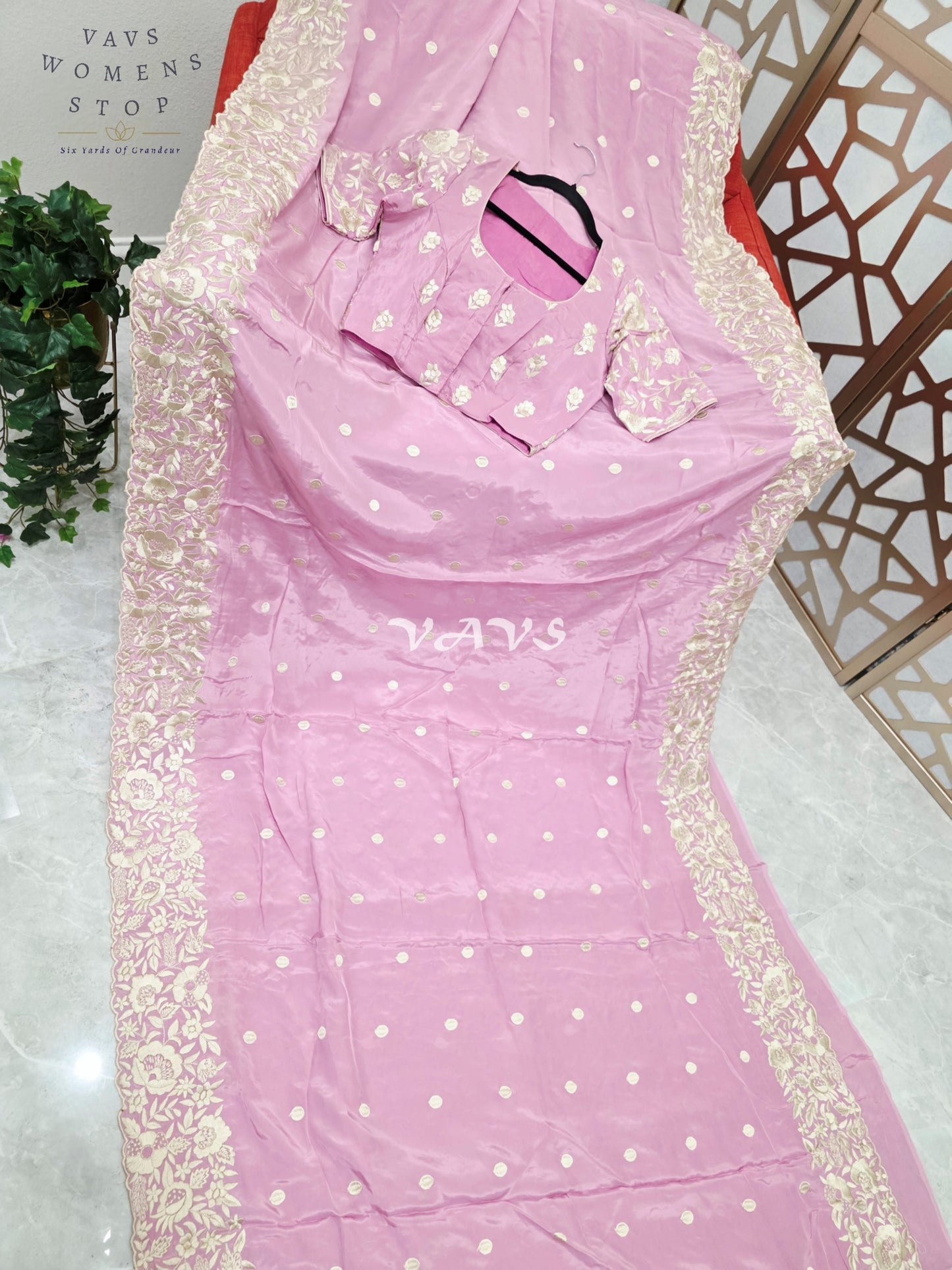 Regal Dusty Lilac Rose Pure Crepe Saree with Ivory Parsi Gara Embroidery & Stitched Blouse