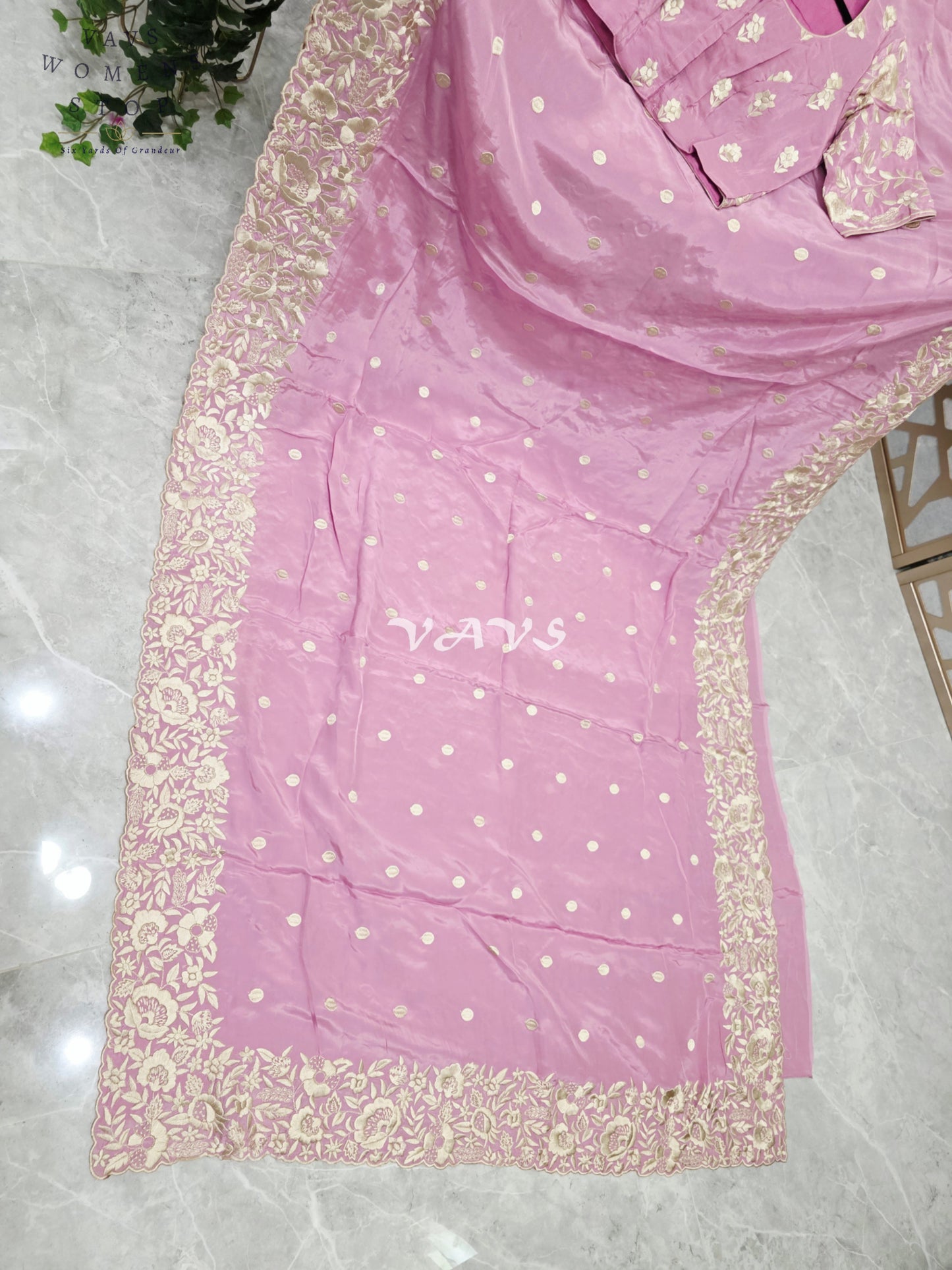 Regal Dusty Lilac Rose Pure Crepe Saree with Ivory Parsi Gara Embroidery & Stitched Blouse