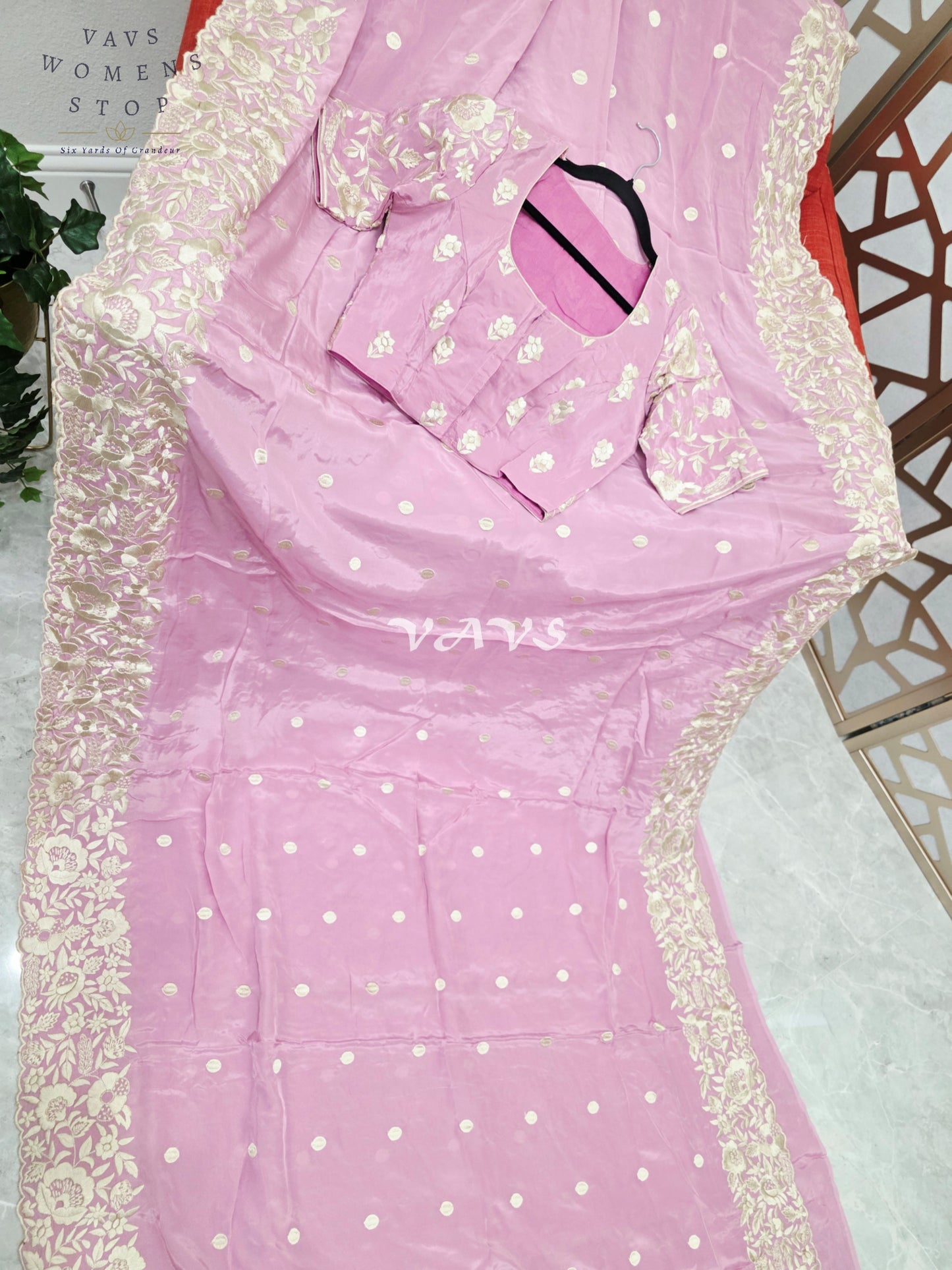 Regal Dusty Lilac Rose Pure Crepe Saree with Ivory Parsi Gara Embroidery & Stitched Blouse