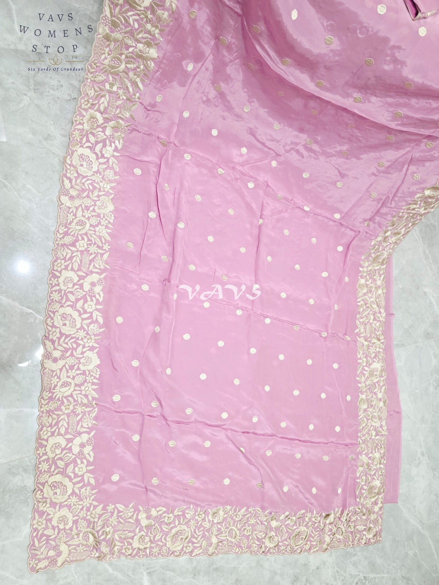 Regal Dusty Lilac Rose Pure Crepe Saree with Ivory Parsi Gara Embroidery & Stitched Blouse
