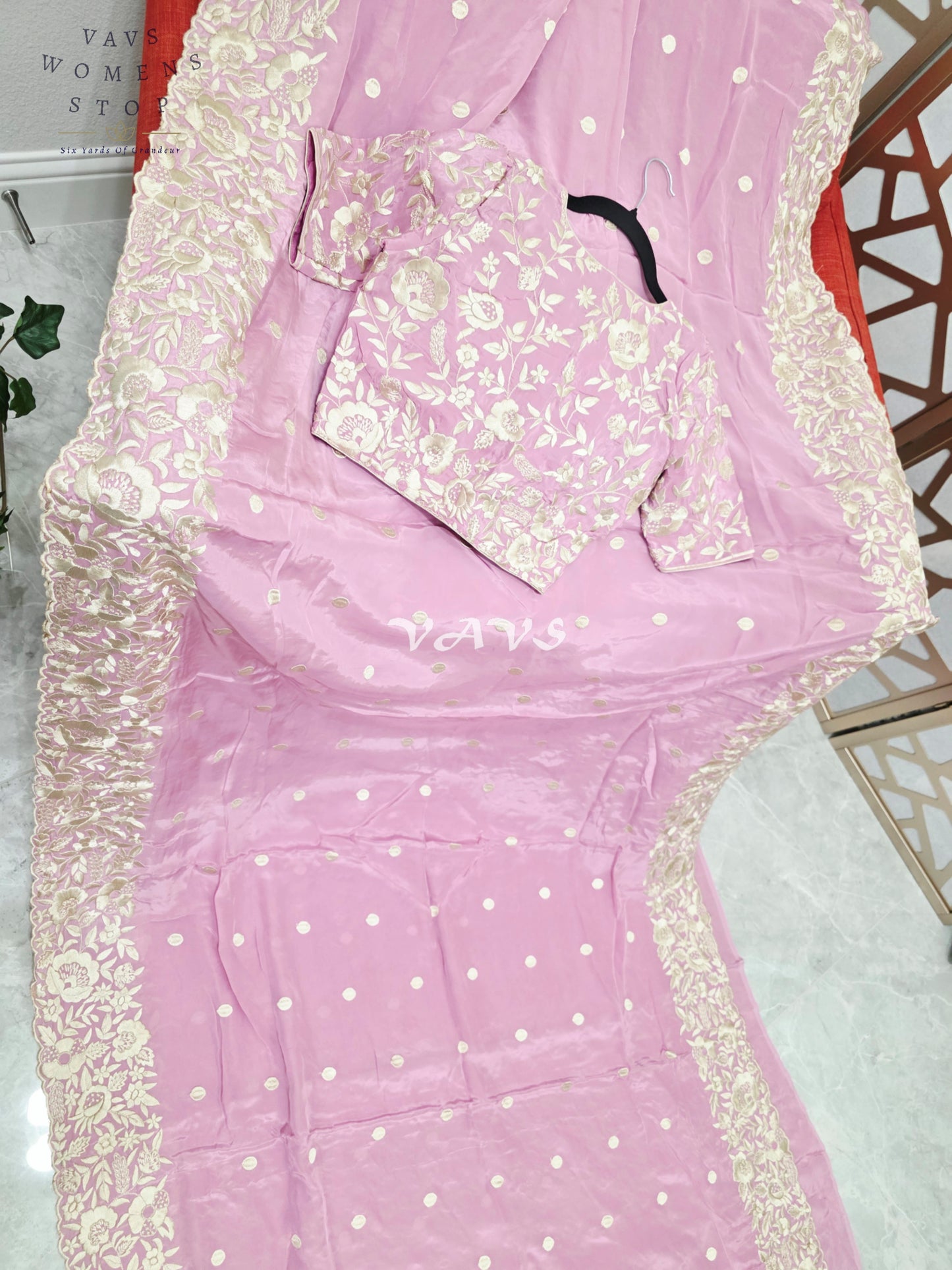 Regal Dusty Lilac Rose Pure Crepe Saree with Ivory Parsi Gara Embroidery & Stitched Blouse