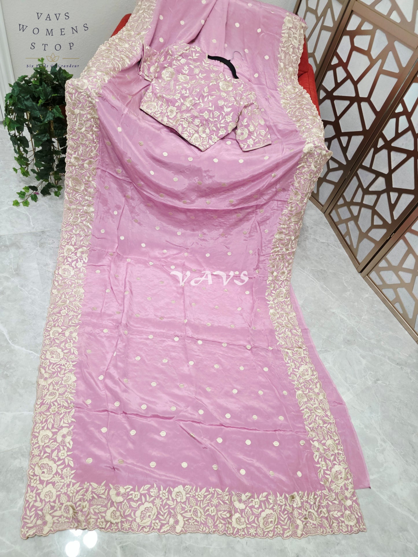 Regal Dusty Lilac Rose Pure Crepe Saree with Ivory Parsi Gara Embroidery & Stitched Blouse