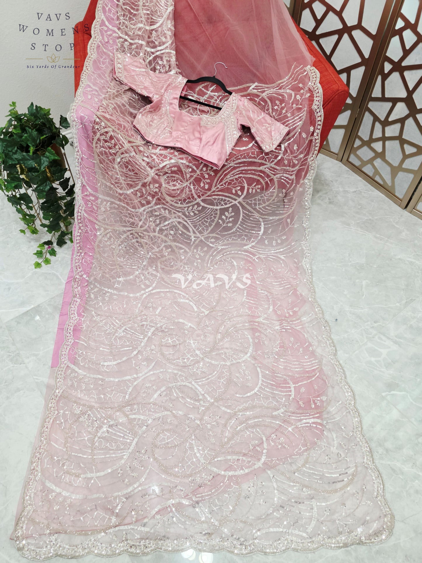 Regal Blush Rose & Champagne Silver Sequin Embroidered Net Cocktail Saree with Stitched Blouse