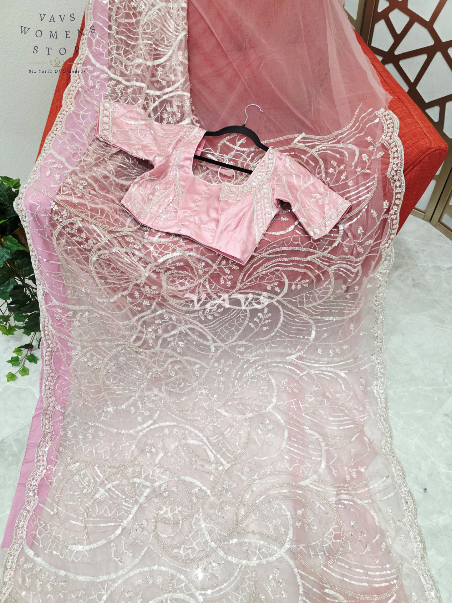 Regal Blush Rose & Champagne Silver Sequin Embroidered Net Cocktail Saree with Stitched Blouse