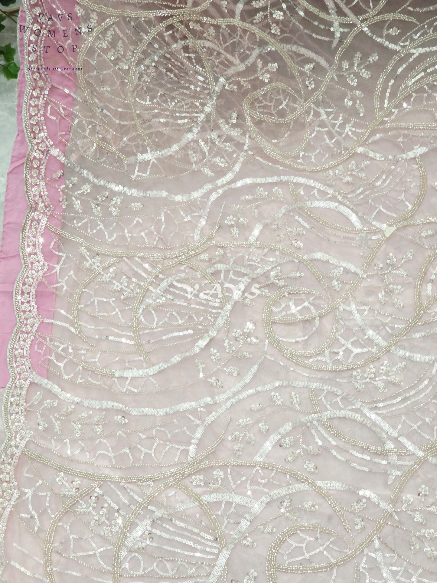 Regal Blush Rose & Champagne Silver Sequin Embroidered Net Cocktail Saree with Stitched Blouse