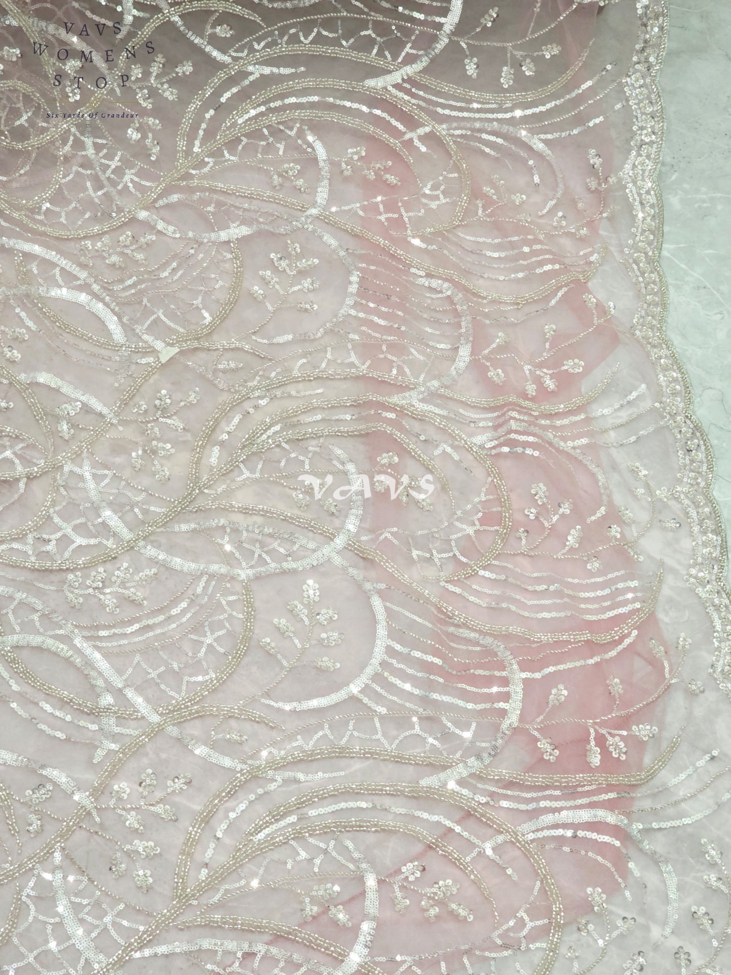 Regal Blush Rose & Champagne Silver Sequin Embroidered Net Cocktail Saree with Stitched Blouse