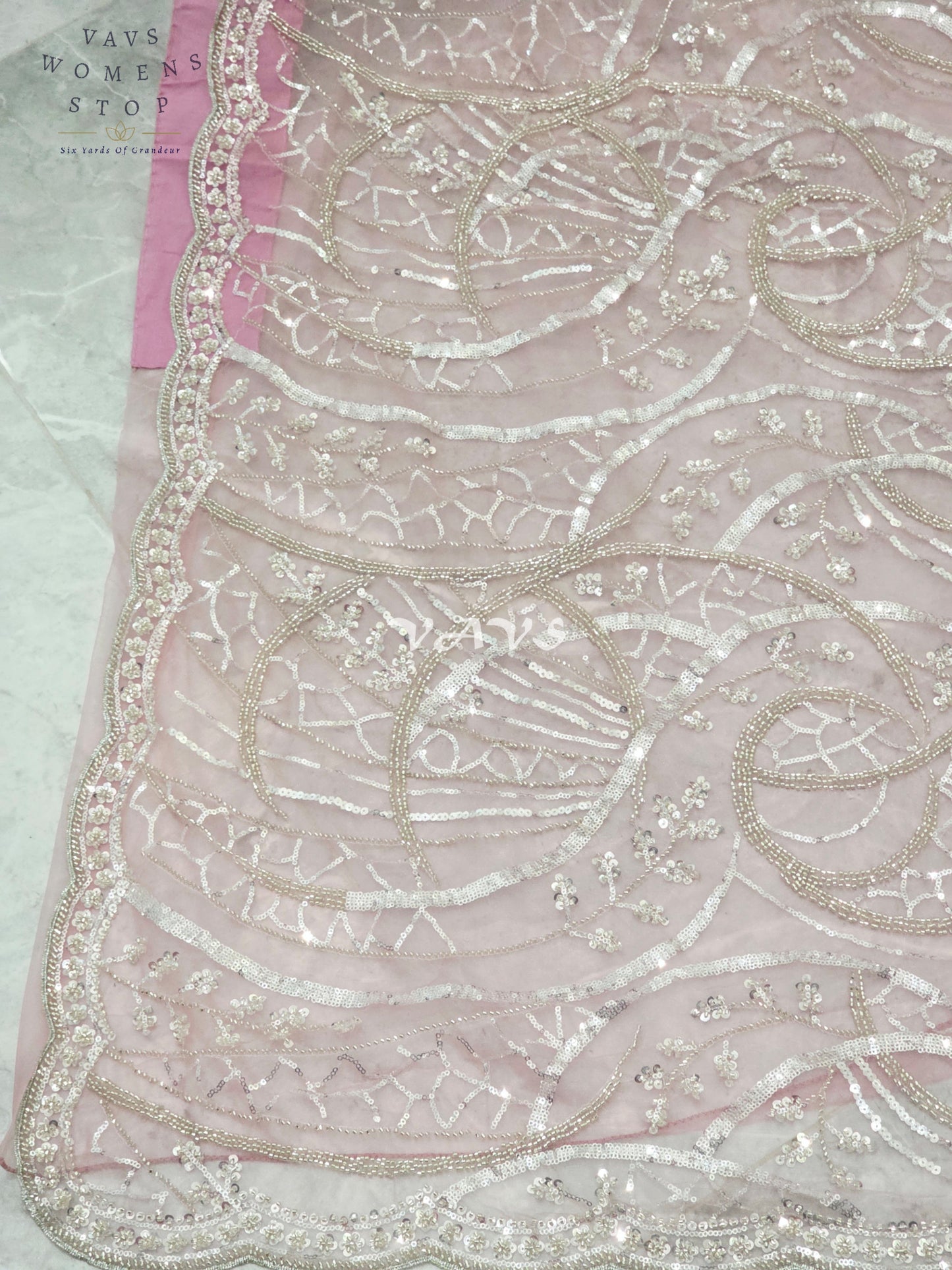 Regal Blush Rose & Champagne Silver Sequin Embroidered Net Cocktail Saree with Stitched Blouse