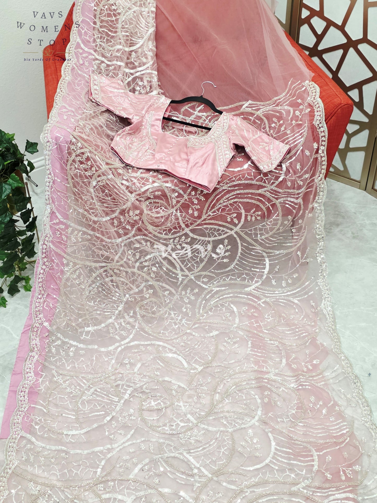 Regal Blush Rose & Champagne Silver Sequin Embroidered Net Cocktail Saree with Stitched Blouse