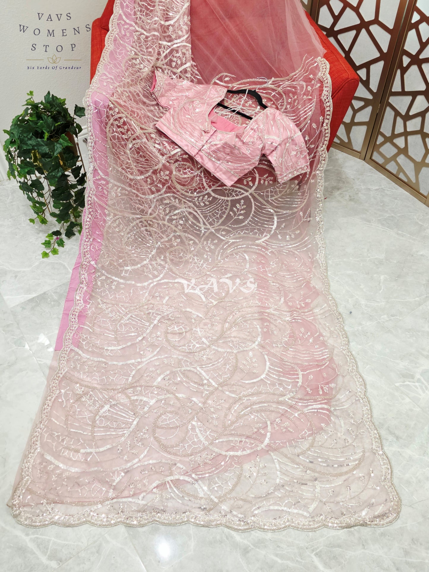 Regal Blush Rose & Champagne Silver Sequin Embroidered Net Cocktail Saree with Stitched Blouse