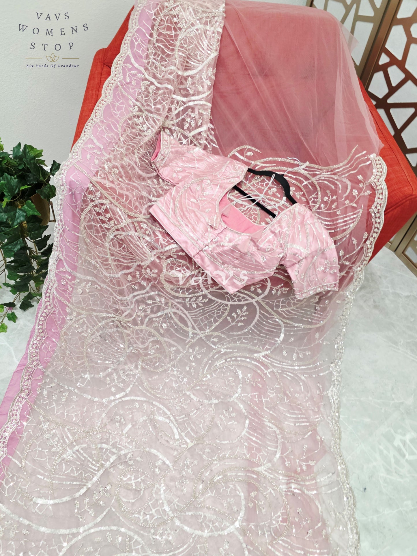 Regal Blush Rose & Champagne Silver Sequin Embroidered Net Cocktail Saree with Stitched Blouse